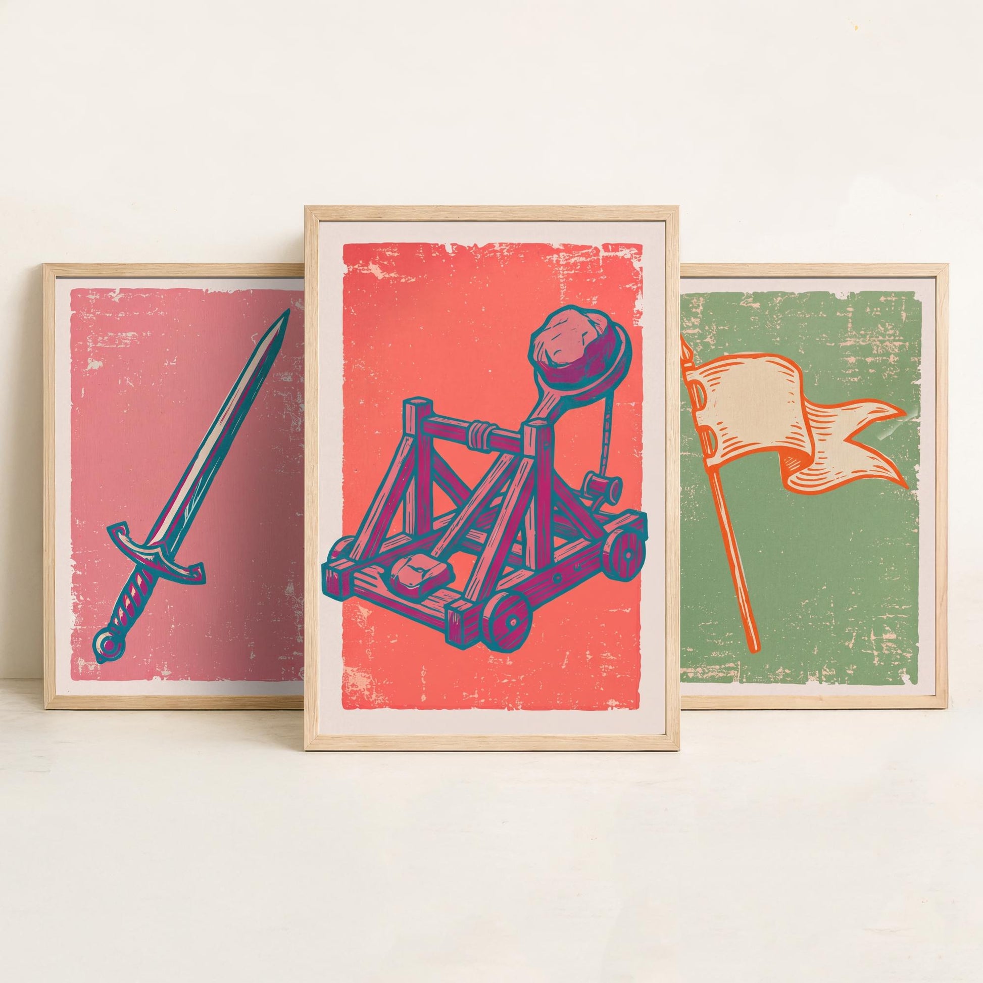 Sword, Banner & Catapult - Set of Three Medieval Art Prints - Linocut Illustrations - Castles and Knights Posters V2