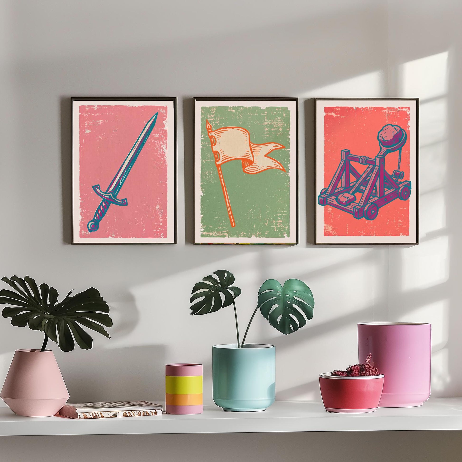 Sword, Banner & Catapult - Set of Three Medieval Art Prints - Linocut Illustrations - Castles and Knights Posters V2