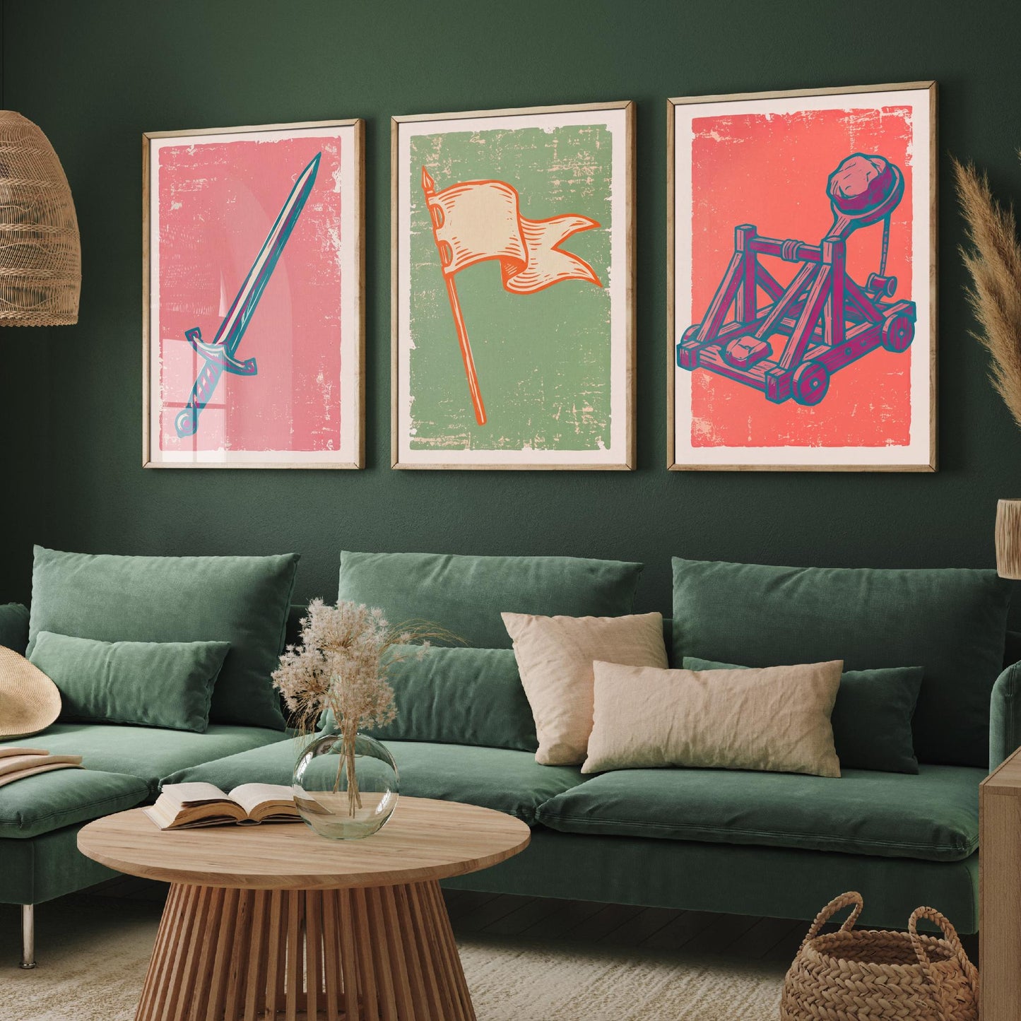 Sword, Banner & Catapult - Set of Three Medieval Art Prints - Linocut Illustrations - Castles and Knights Posters V2