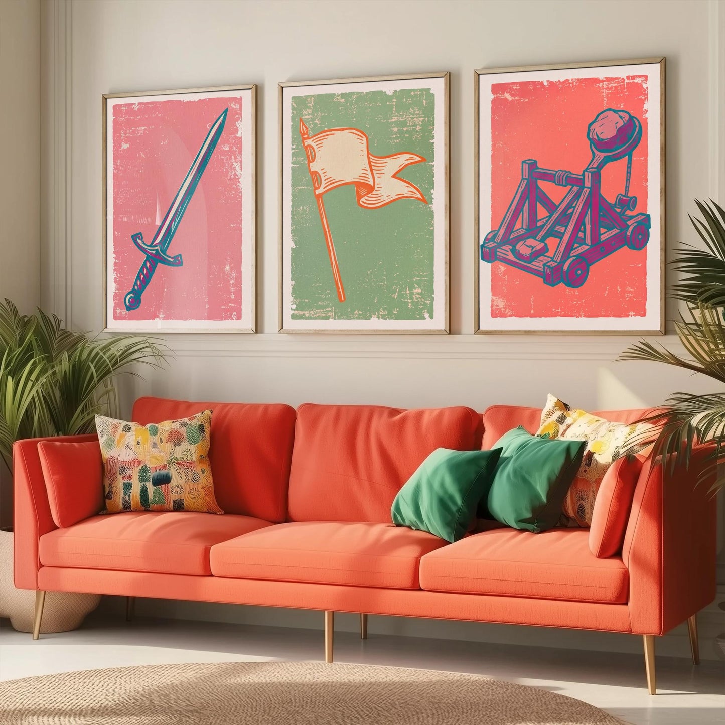 Sword, Banner & Catapult - Set of Three Medieval Art Prints - Linocut Illustrations - Castles and Knights Posters V2