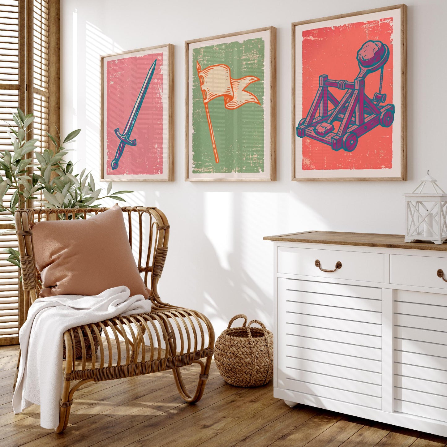 Sword, Banner & Catapult - Set of Three Medieval Art Prints - Linocut Illustrations - Castles and Knights Posters V2