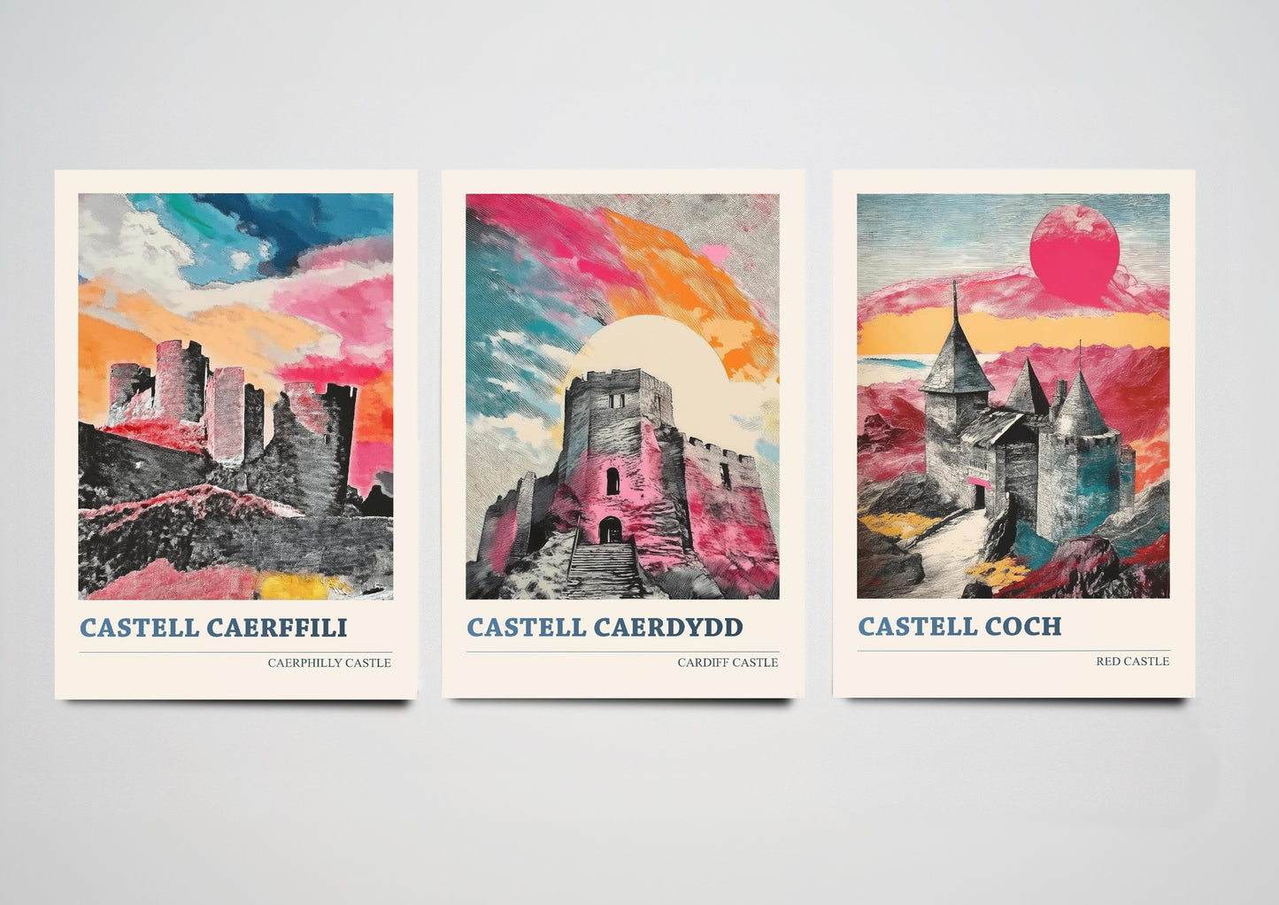 Castles of Glamorgan - Castell Caerffili, Castell Caerdydd and Castell Coch - Set of 3 Prints - Cardiff, Caerphilly Travel Posters