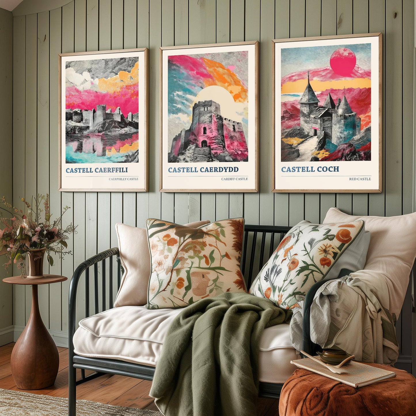 Castles of Wales Set of Three Prints | Caerphilly Cardiff Castle Coch | Bold Halftone Illustration Wall Art Poster Welsh Gift