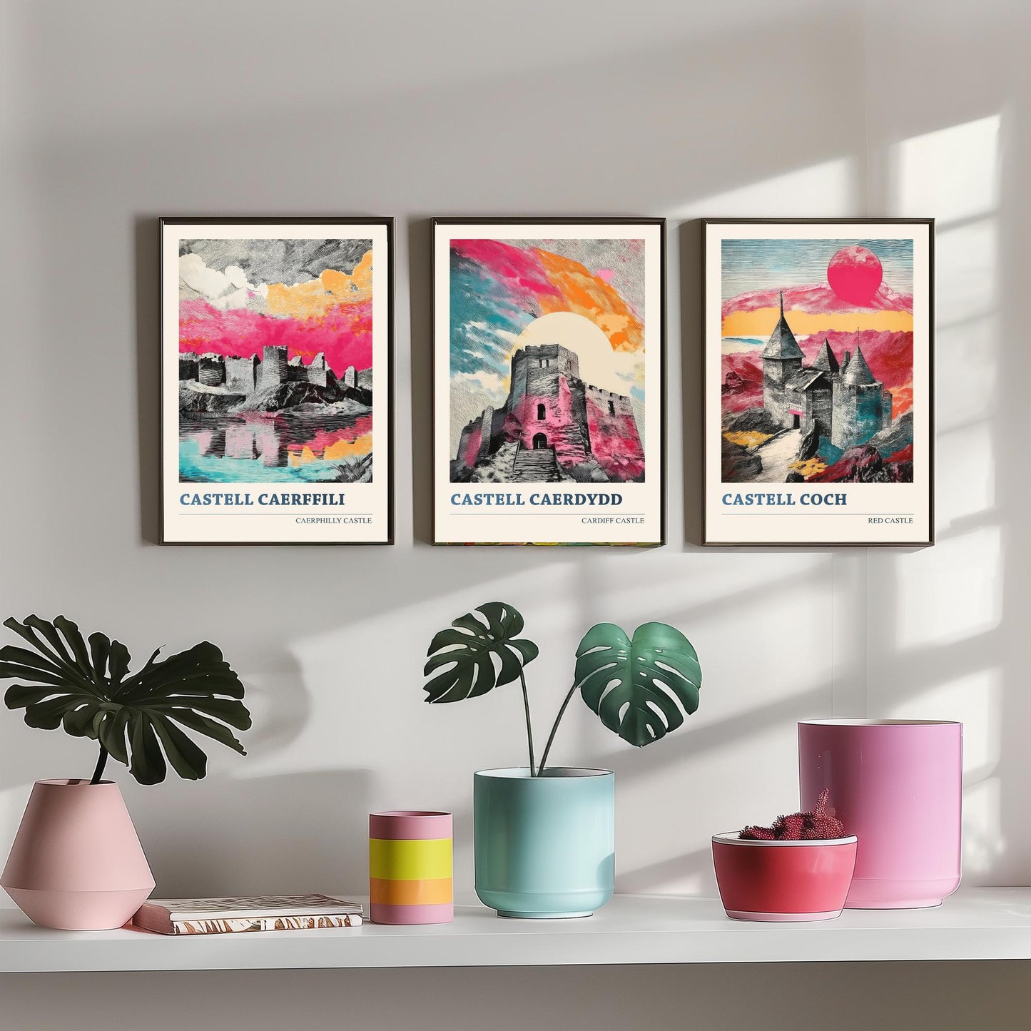 Castles of Wales Set of Three Prints | Caerphilly Cardiff Castle Coch | Bold Halftone Illustration Wall Art Poster Welsh Gift