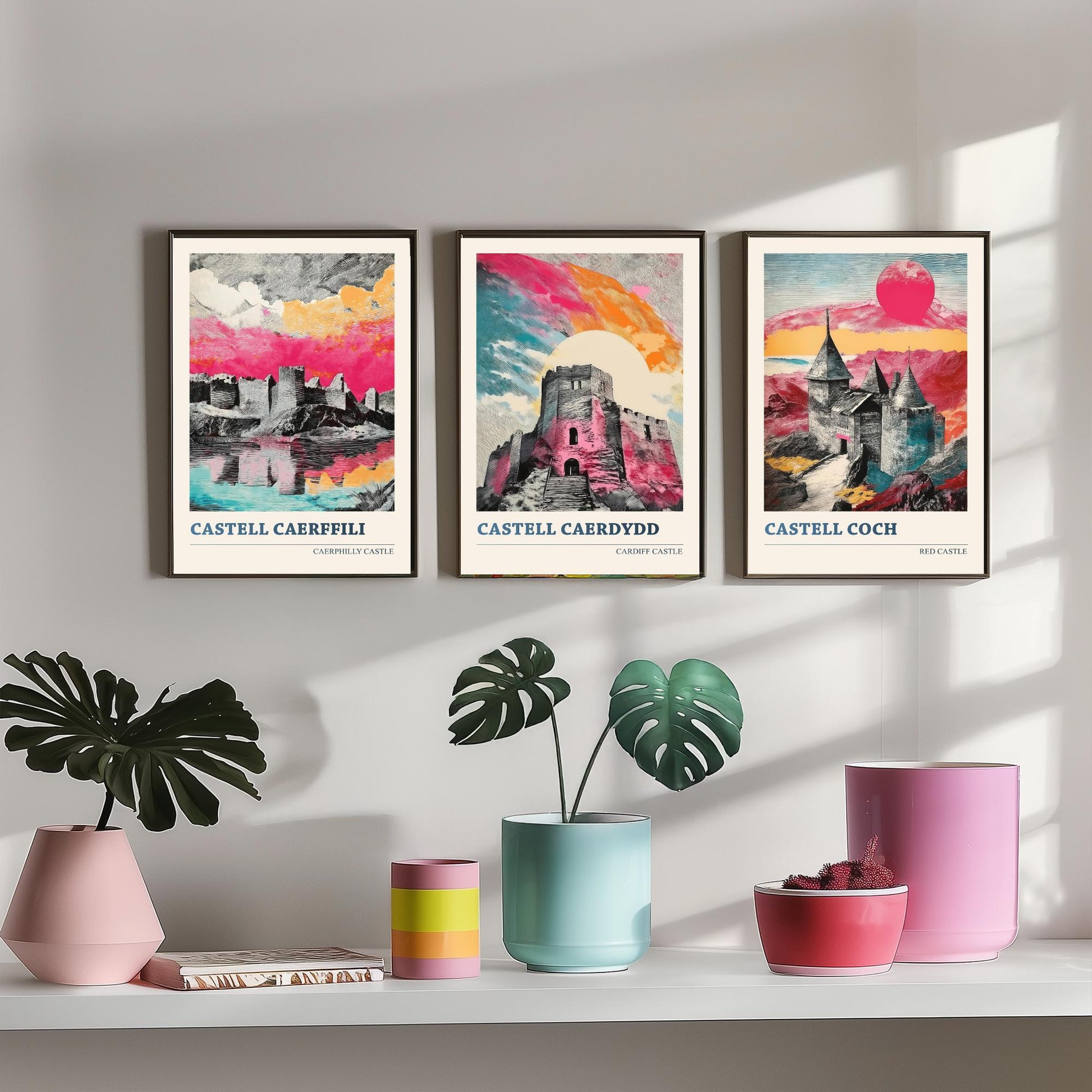 Castles of Wales Set of Three Prints | Caerphilly Cardiff Castle Coch | Bold Halftone Illustration Wall Art Poster Welsh Gift