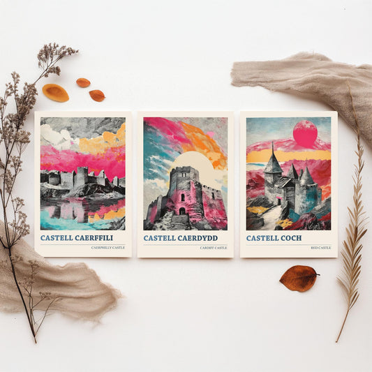 Castles of Wales Set of Three Prints | Caerphilly Cardiff Castle Coch | Bold Halftone Illustration Wall Art Poster Welsh Gift