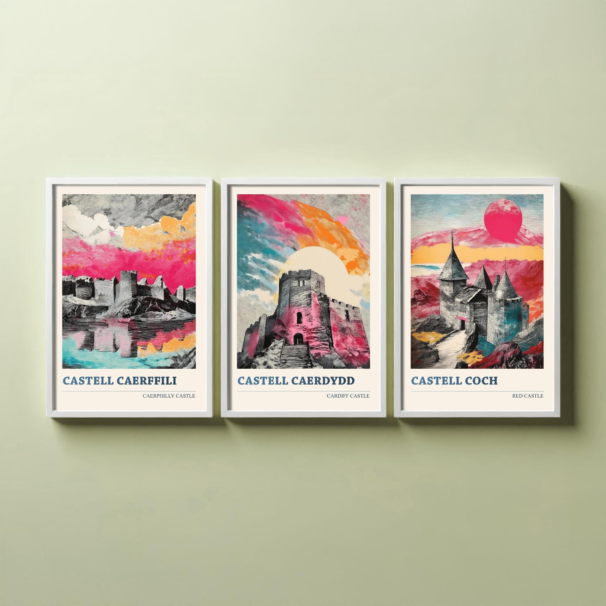 Castles of Wales Set of Three Prints | Caerphilly Cardiff Castle Coch | Bold Halftone Illustration Wall Art Poster Welsh Gift