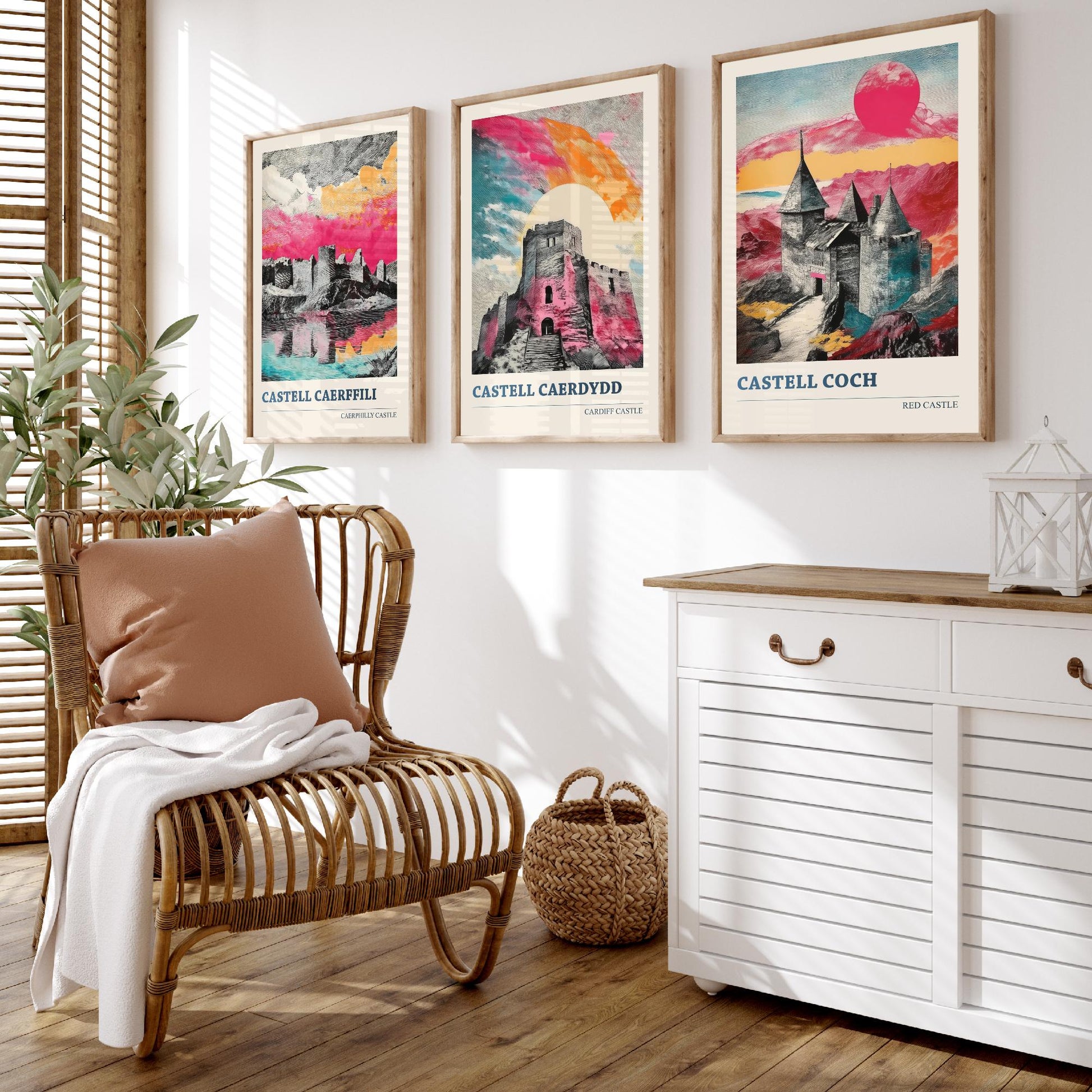 Castles of Wales Set of Three Prints | Caerphilly Cardiff Castle Coch | Bold Halftone Illustration Wall Art Poster Welsh Gift