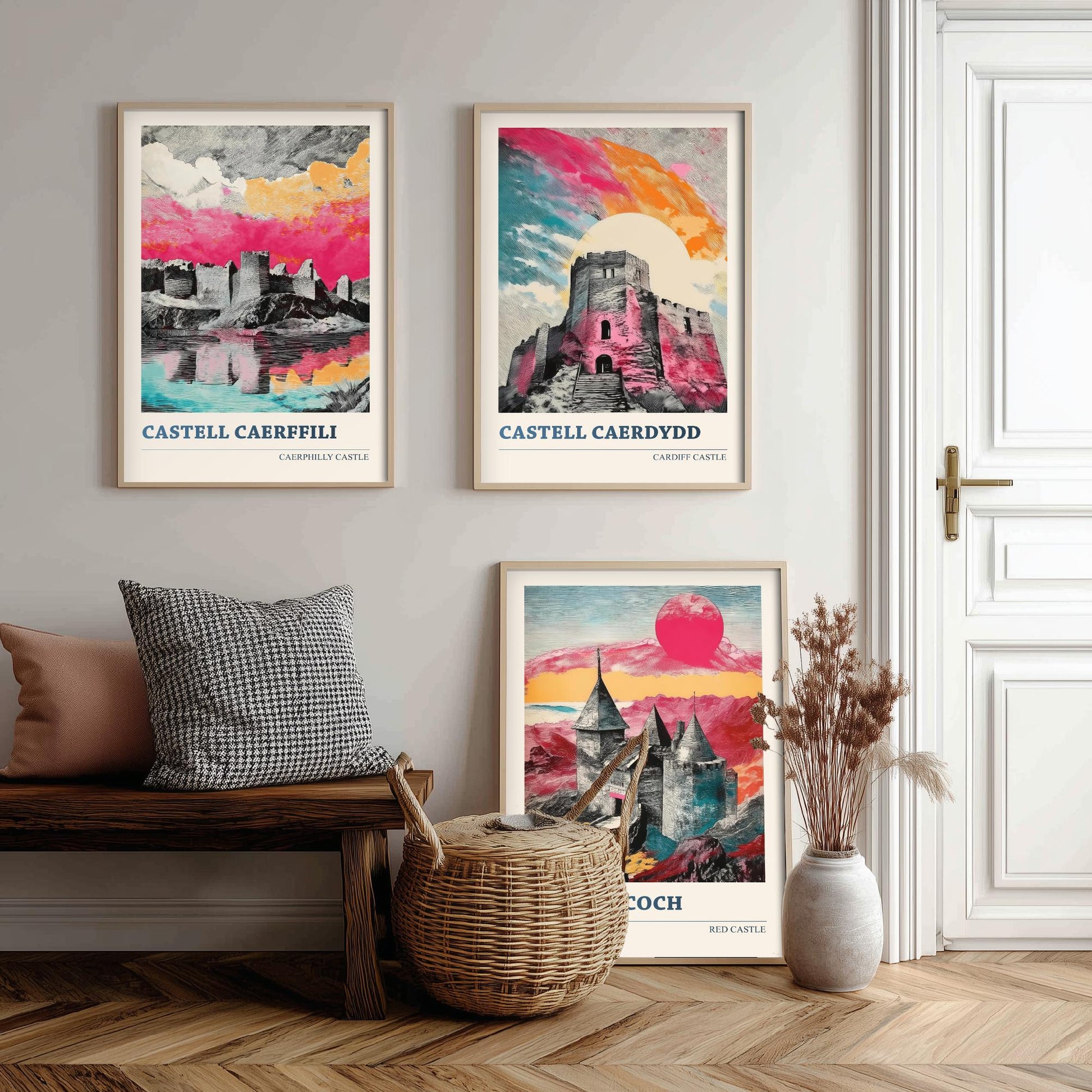 Castles of Wales Set of Three Prints | Caerphilly Cardiff Castle Coch | Bold Halftone Illustration Wall Art Poster Welsh Gift