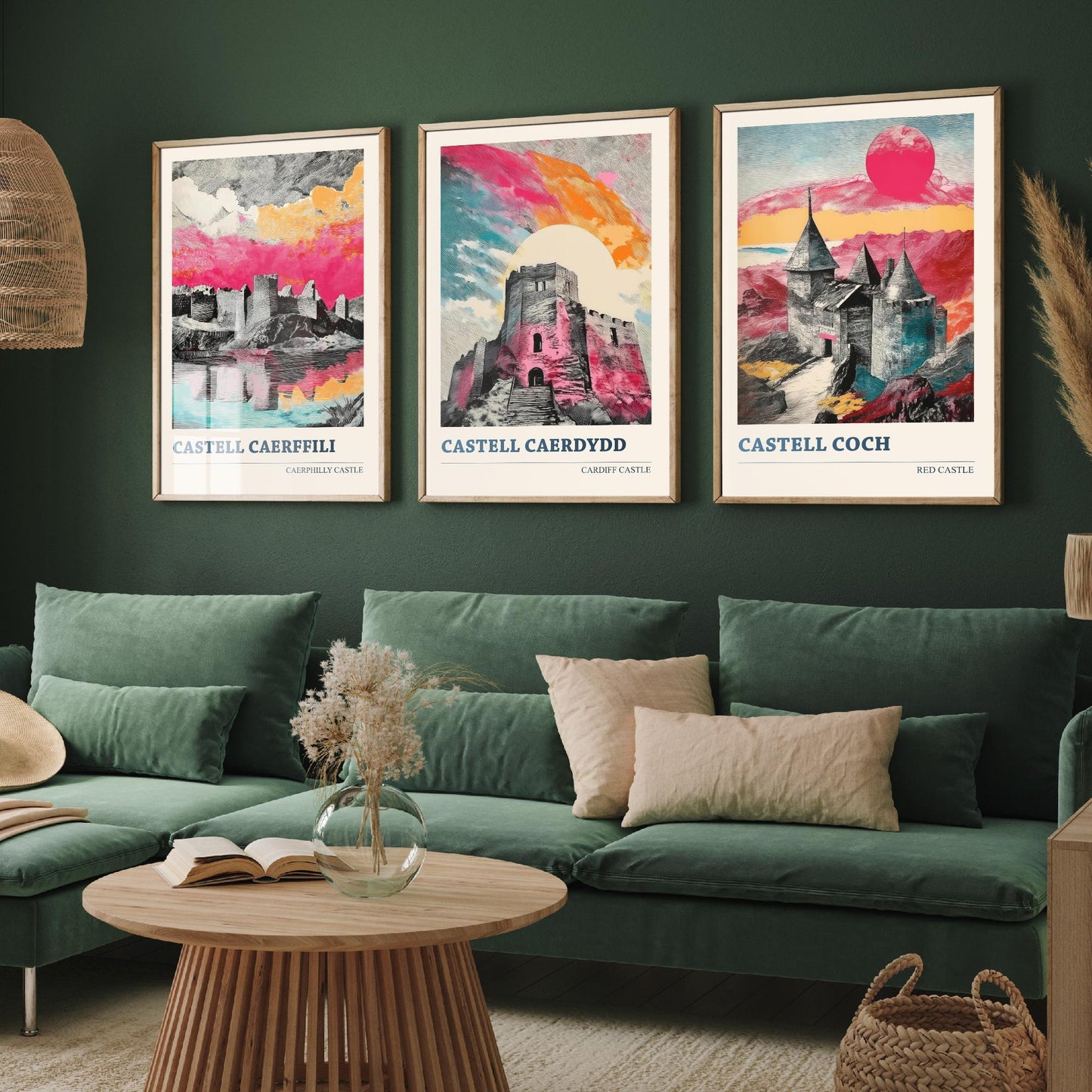 Castles of Wales Set of Three Prints | Caerphilly Cardiff Castle Coch | Bold Halftone Illustration Wall Art Poster Welsh Gift