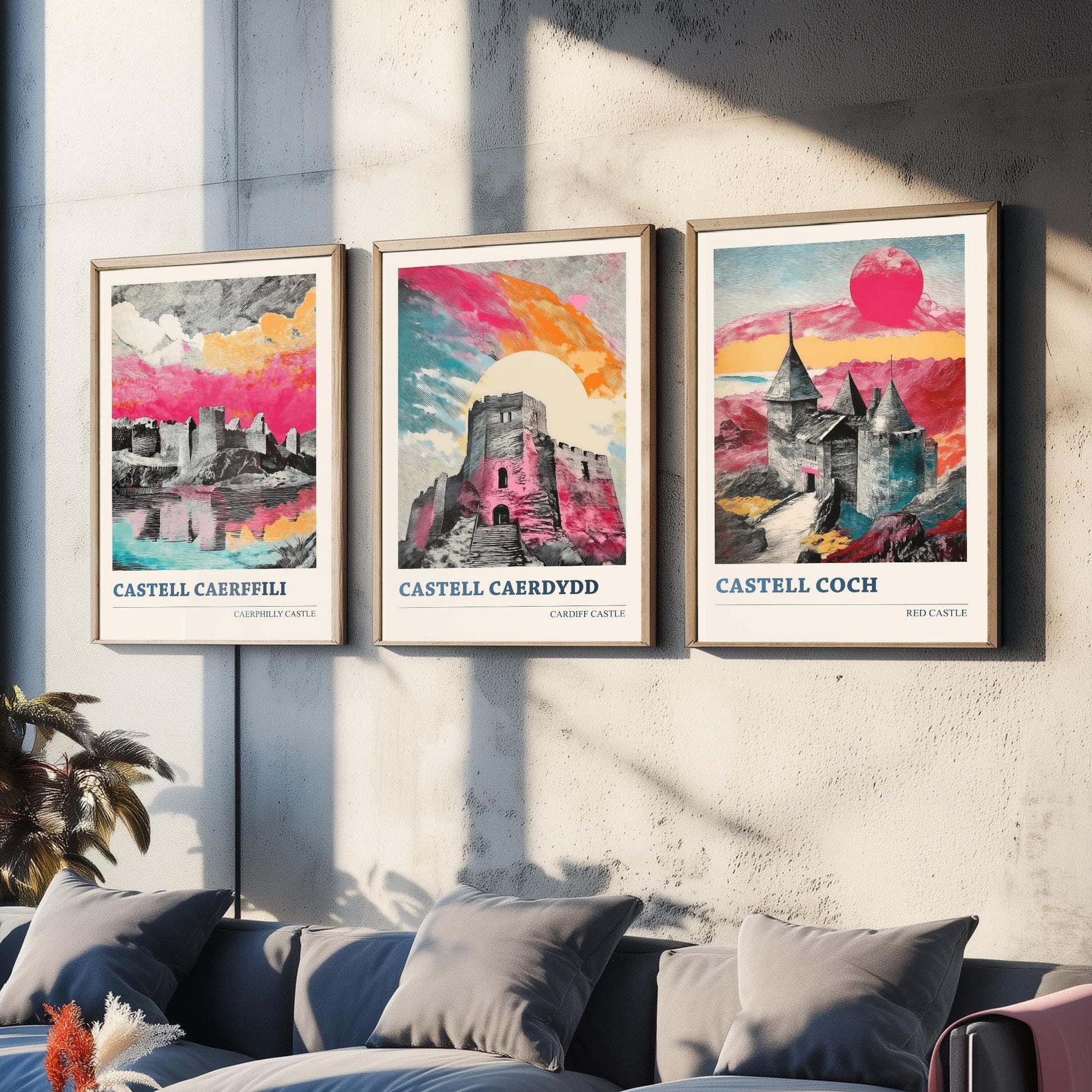 Castles of Wales Set of Three Prints | Caerphilly Cardiff Castle Coch | Bold Halftone Illustration Wall Art Poster Welsh Gift
