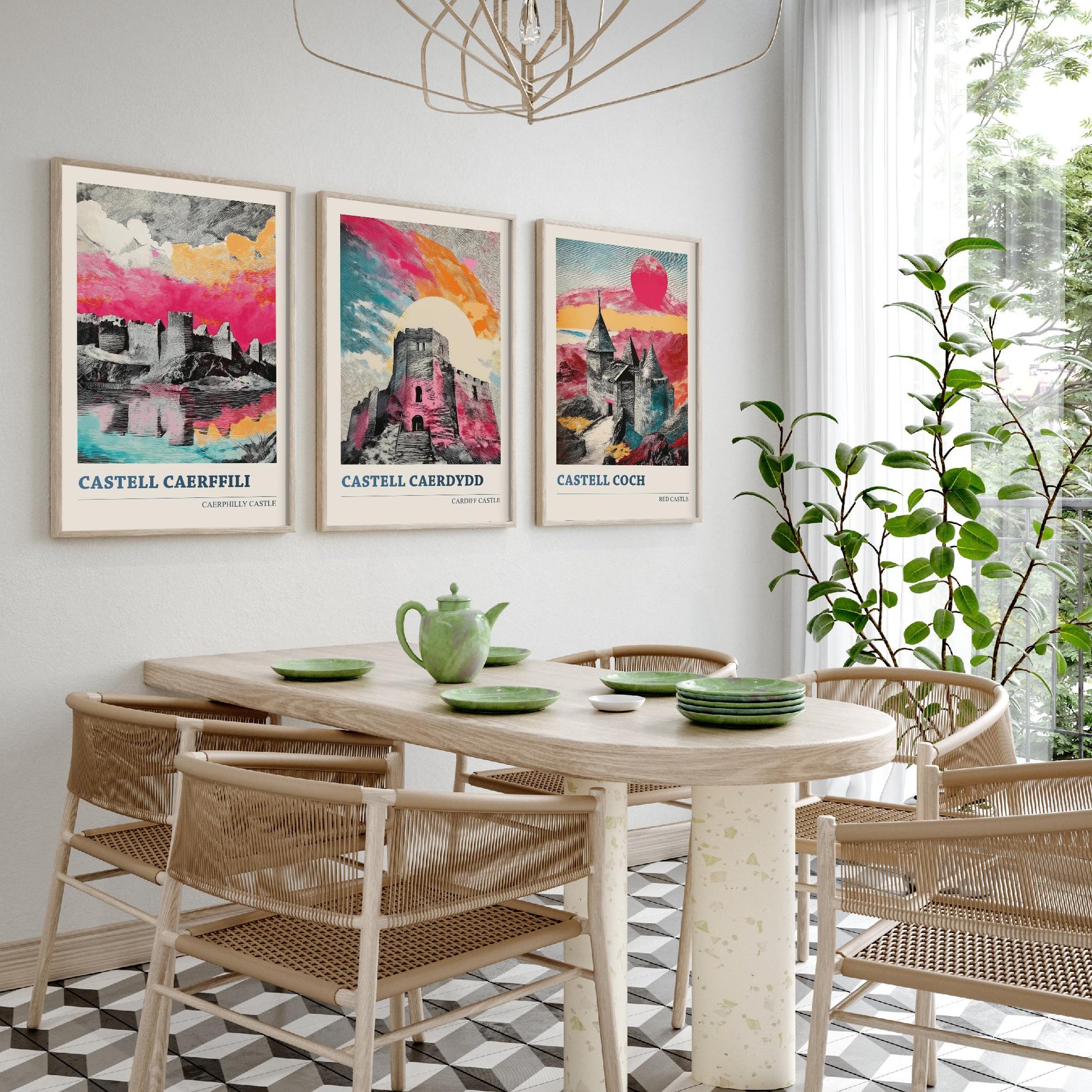 Castles of Wales Set of Three Prints | Caerphilly Cardiff Castle Coch | Bold Halftone Illustration Wall Art Poster Welsh Gift