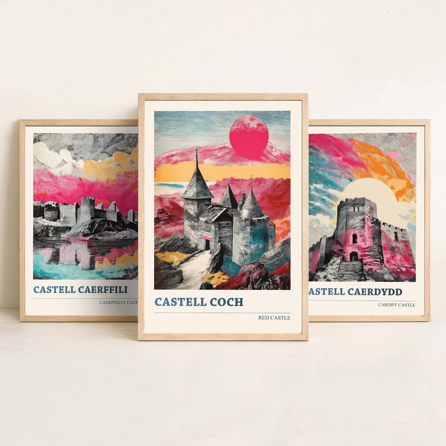 Castles of Wales Set of Three Prints | Caerphilly Cardiff Castle Coch | Bold Halftone Illustration Wall Art Poster Welsh Gift