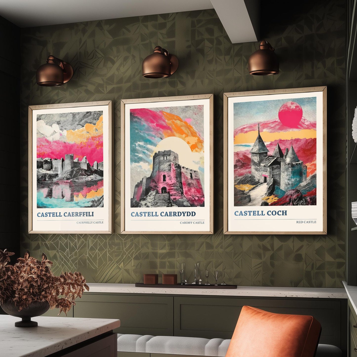 Castles of Wales Set of Three Prints | Caerphilly Cardiff Castle Coch | Bold Halftone Illustration Wall Art Poster Welsh Gift
