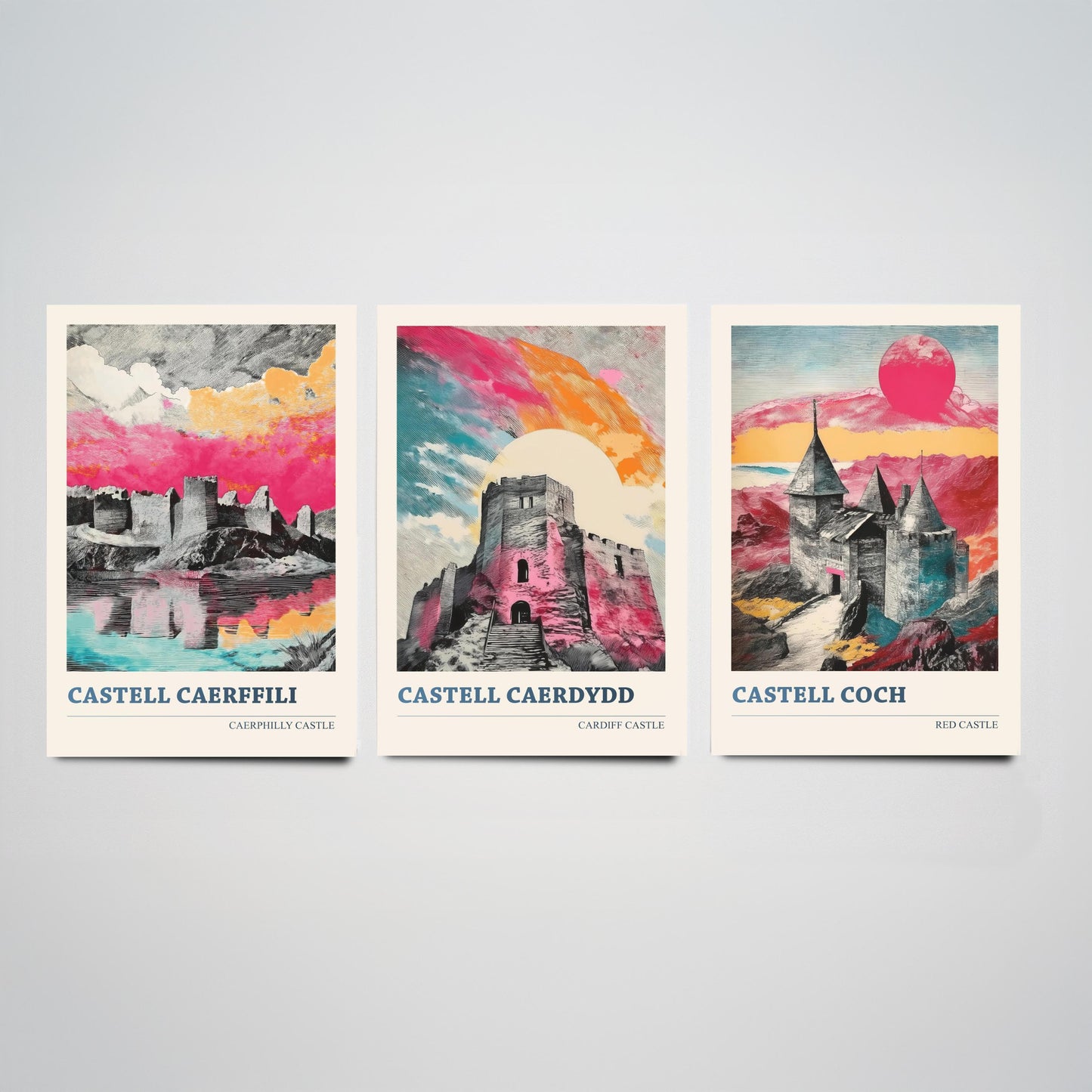 Castles of Wales Set of Three Prints | Caerphilly Cardiff Castle Coch | Bold Halftone Illustration Wall Art Poster Welsh Gift