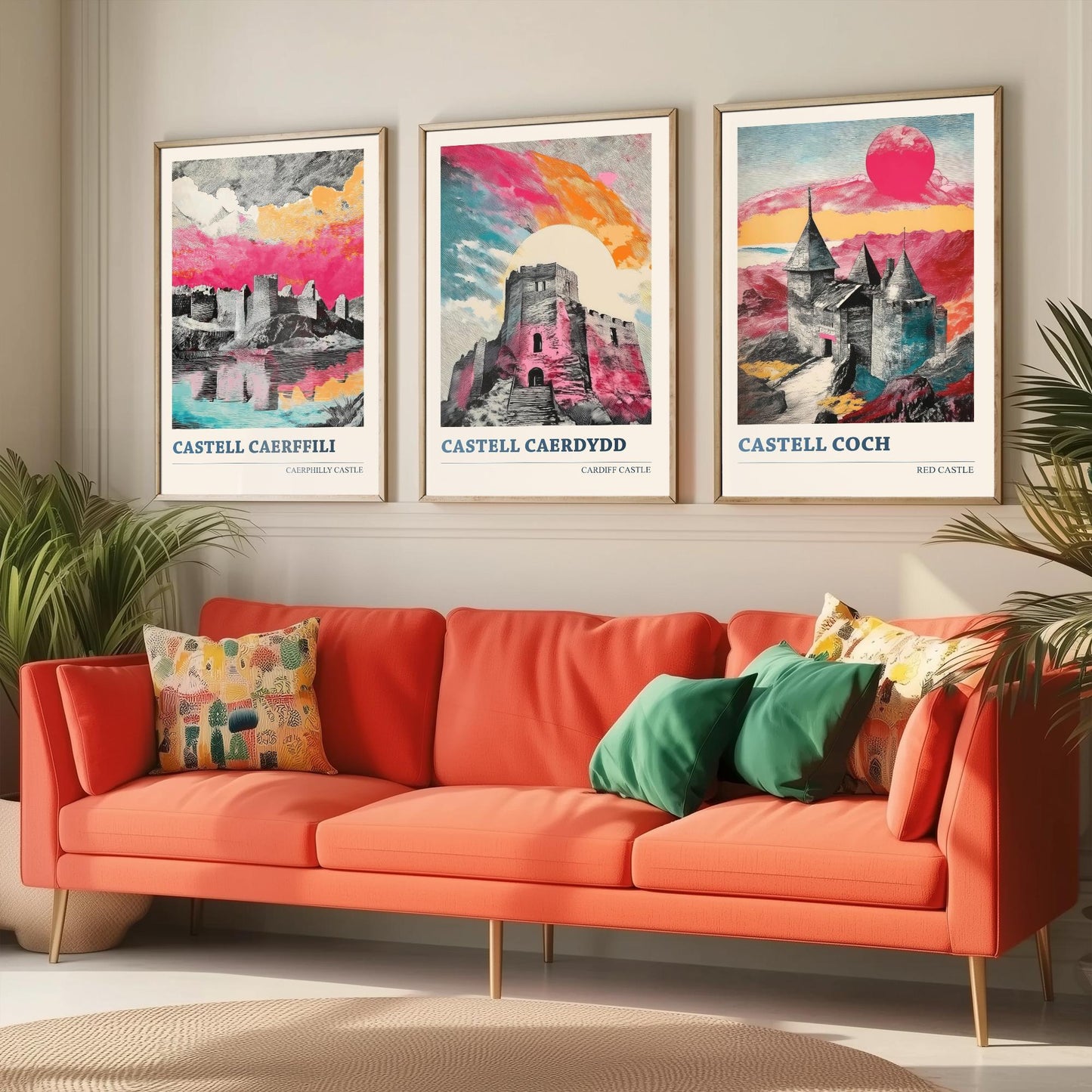 Castles of Wales Set of Three Prints | Caerphilly Cardiff Castle Coch | Bold Halftone Illustration Wall Art Poster Welsh Gift