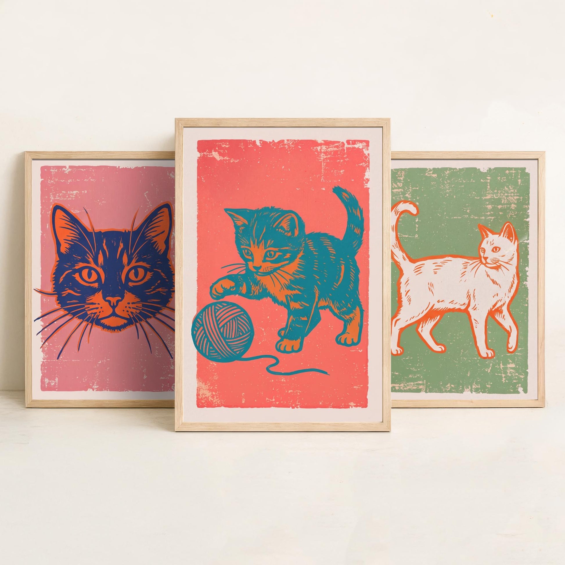 Cat Face, Walking Cat and Kitten with Yarn - Set of Three Cat Art Prints - Linocut Illustrations - Cat Posters V2