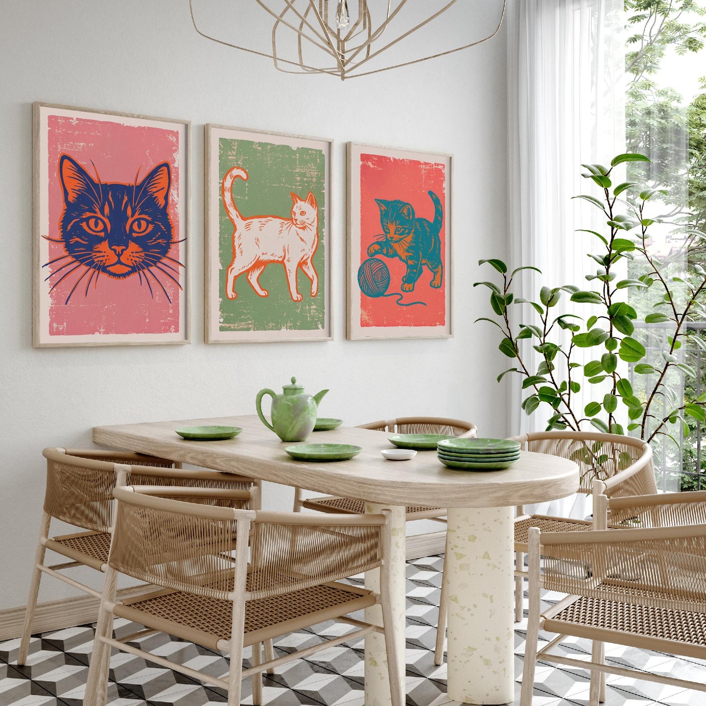 Cat Face, Walking Cat and Kitten with Yarn - Set of Three Cat Art Prints - Linocut Illustrations - Cat Posters V2