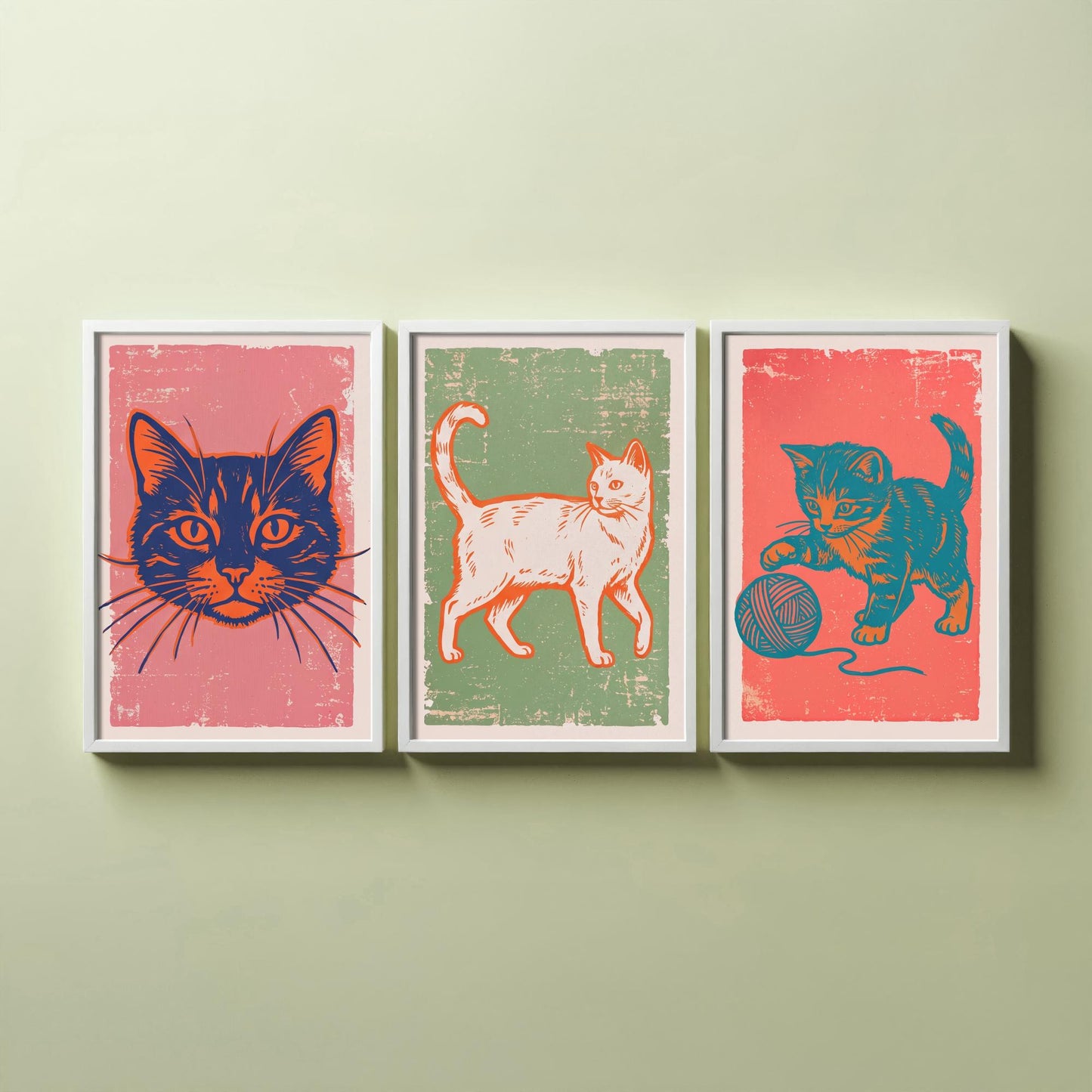 Cat Face, Walking Cat and Kitten with Yarn - Set of Three Cat Art Prints - Linocut Illustrations - Cat Posters V2