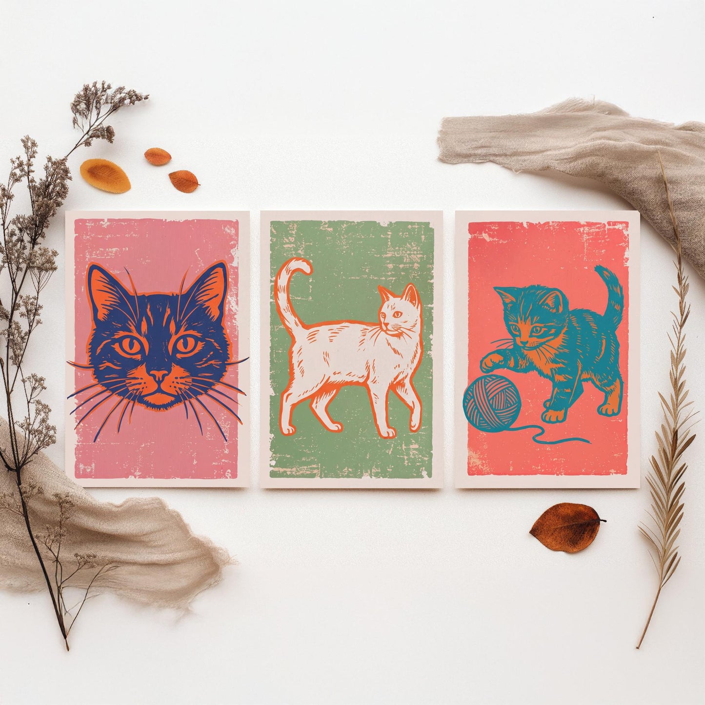 Cat Face, Walking Cat and Kitten with Yarn - Set of Three Cat Art Prints - Linocut Illustrations - Cat Posters V2