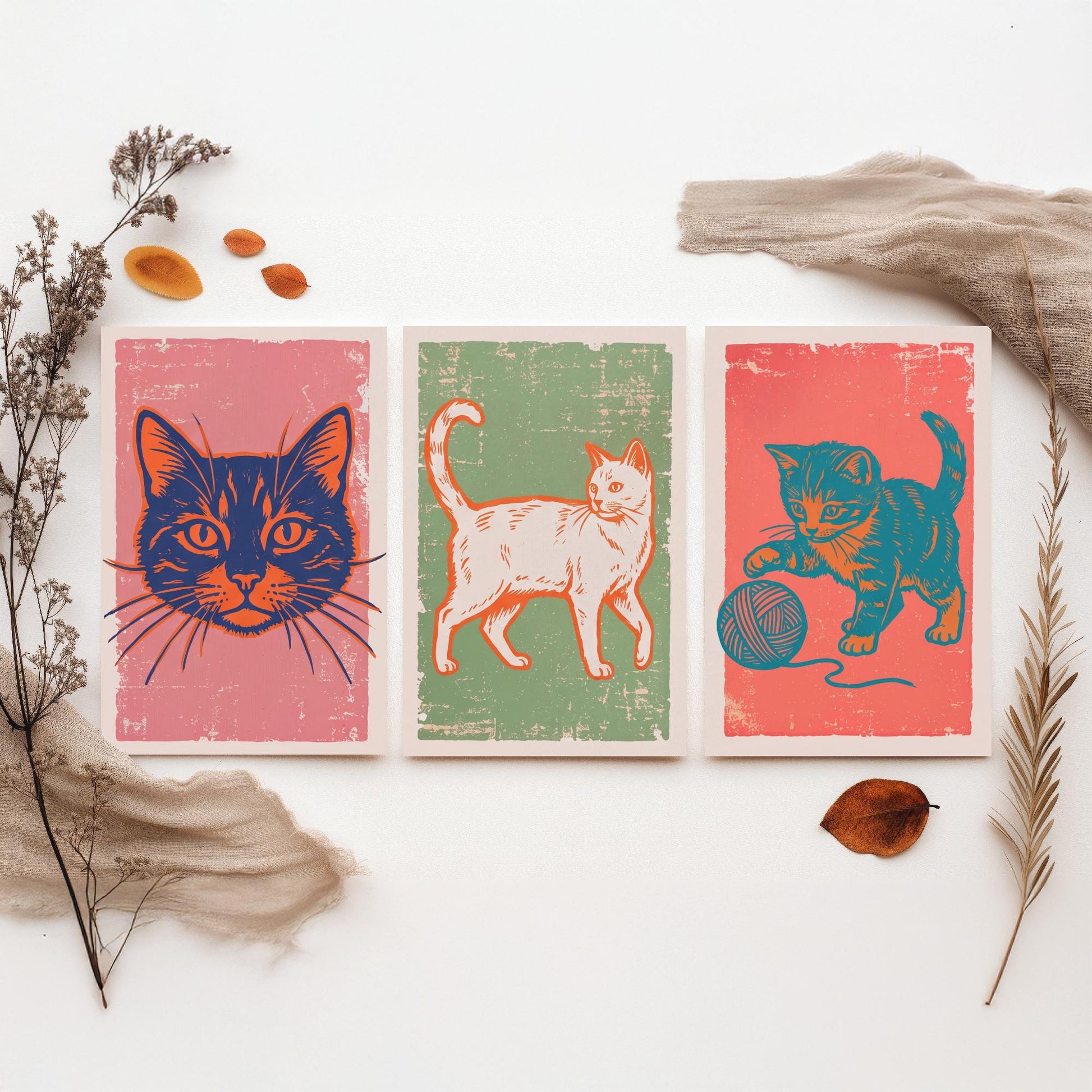 Cat Face, Walking Cat and Kitten with Yarn - Set of Three Cat Art Prints - Linocut Illustrations - Cat Posters V2