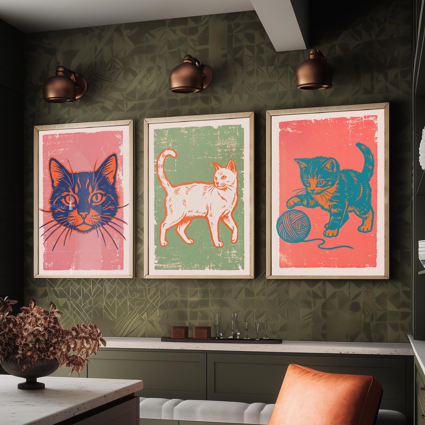 Cat Face, Walking Cat and Kitten with Yarn - Set of Three Cat Art Prints - Linocut Illustrations - Cat Posters V2