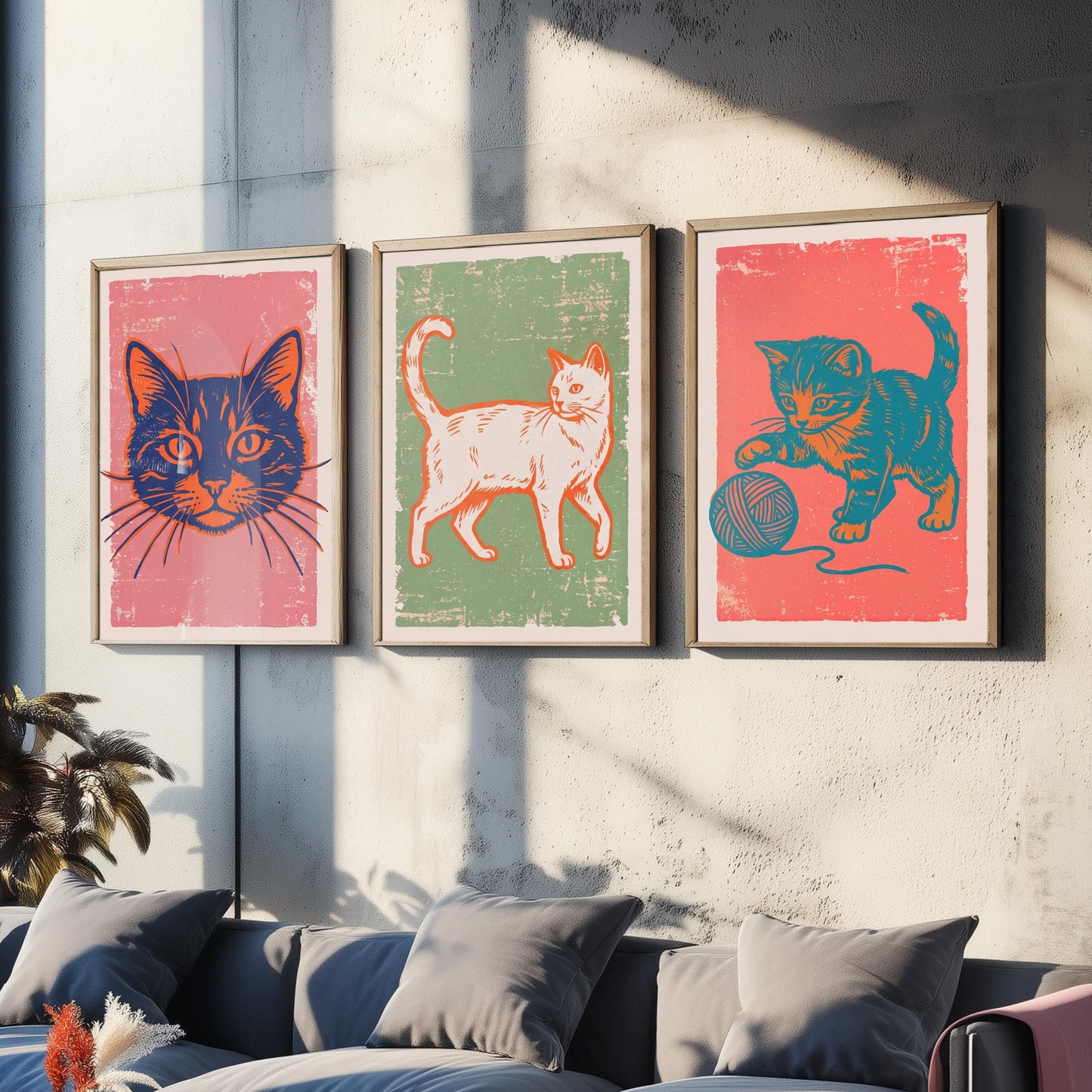 Cat Face, Walking Cat and Kitten with Yarn - Set of Three Cat Art Prints - Linocut Illustrations - Cat Posters V2