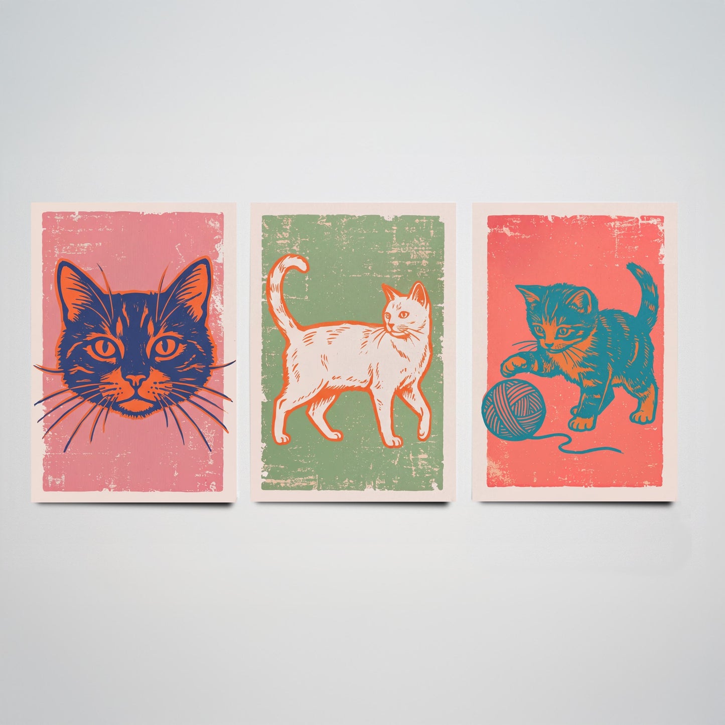 Cat Face, Walking Cat and Kitten with Yarn - Set of Three Cat Art Prints - Linocut Illustrations - Cat Posters V2