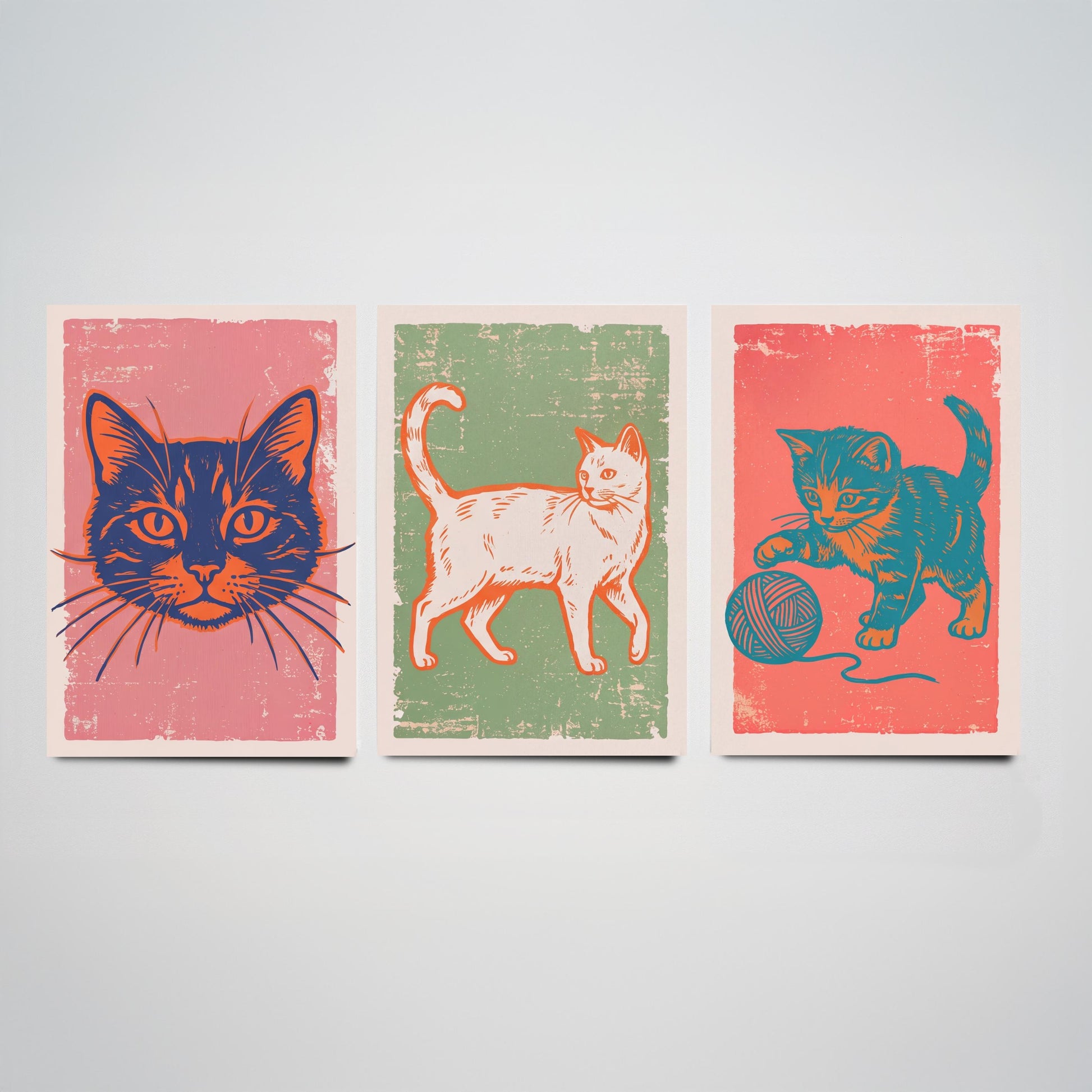 Cat Face, Walking Cat and Kitten with Yarn - Set of Three Cat Art Prints - Linocut Illustrations - Cat Posters V2