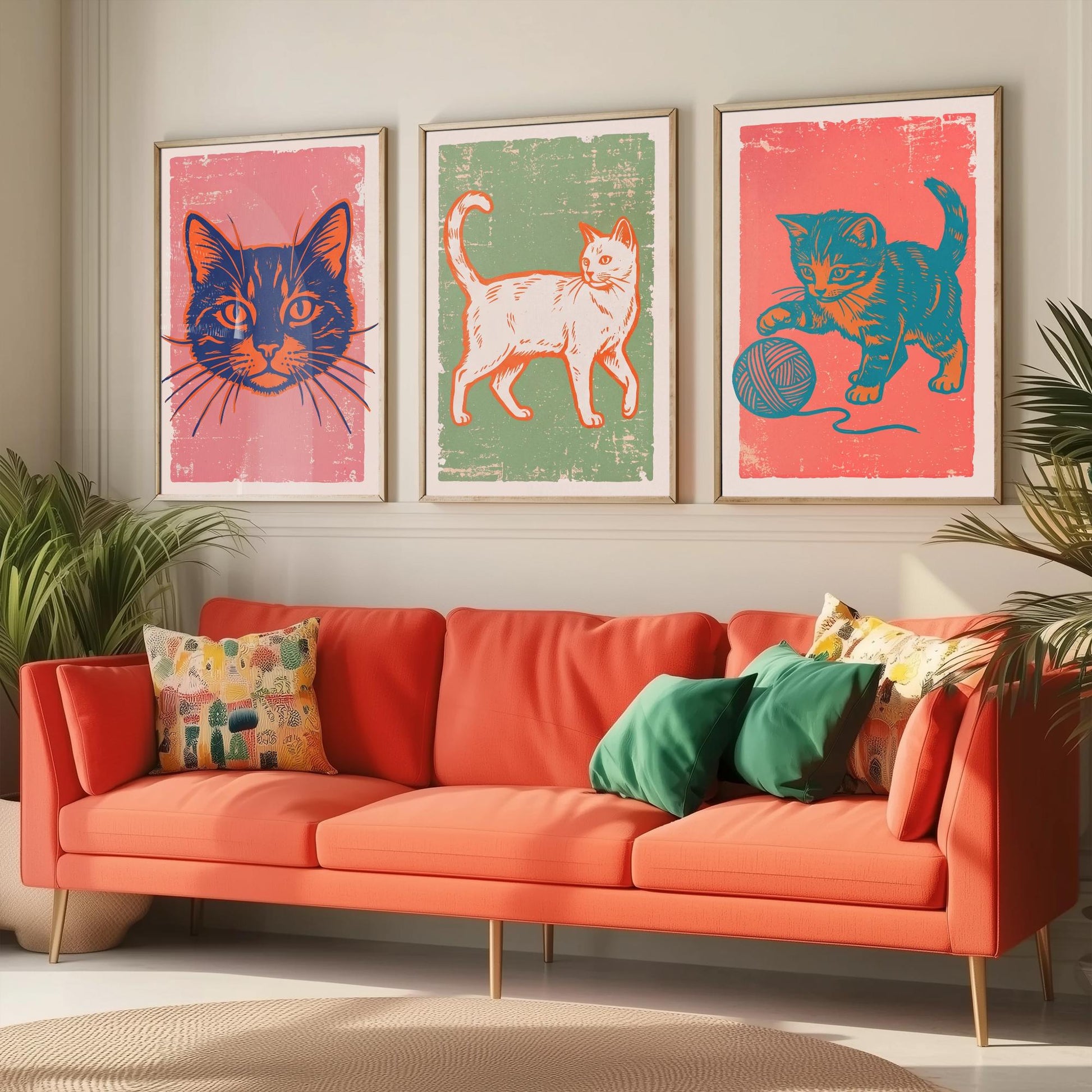 Cat Face, Walking Cat and Kitten with Yarn - Set of Three Cat Art Prints - Linocut Illustrations - Cat Posters V2