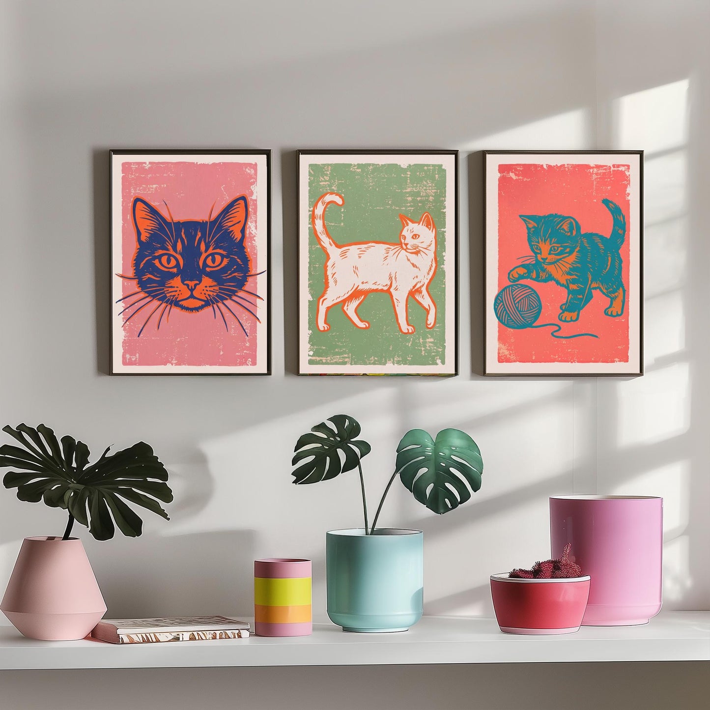 Cat Face, Walking Cat and Kitten with Yarn - Set of Three Cat Art Prints - Linocut Illustrations - Cat Posters V2