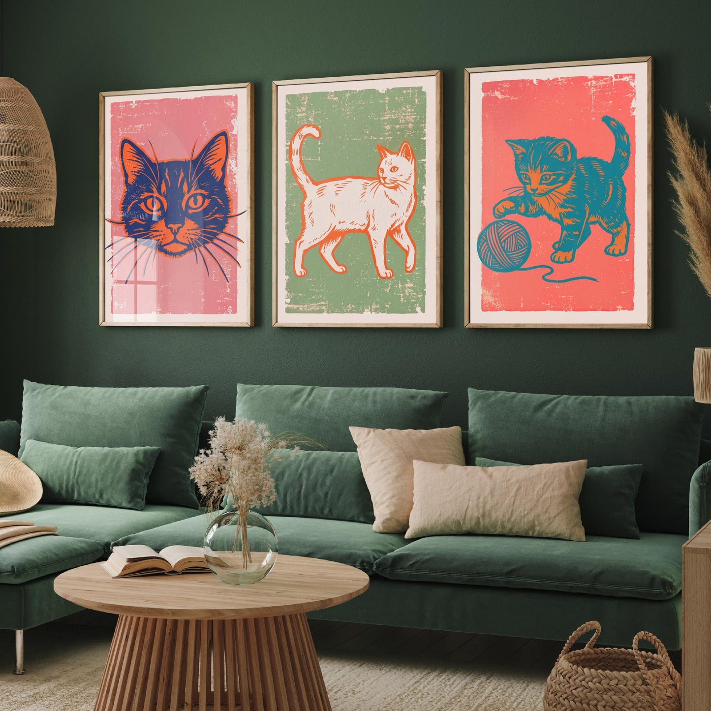 Cat Face, Walking Cat and Kitten with Yarn - Set of Three Cat Art Prints - Linocut Illustrations - Cat Posters V2