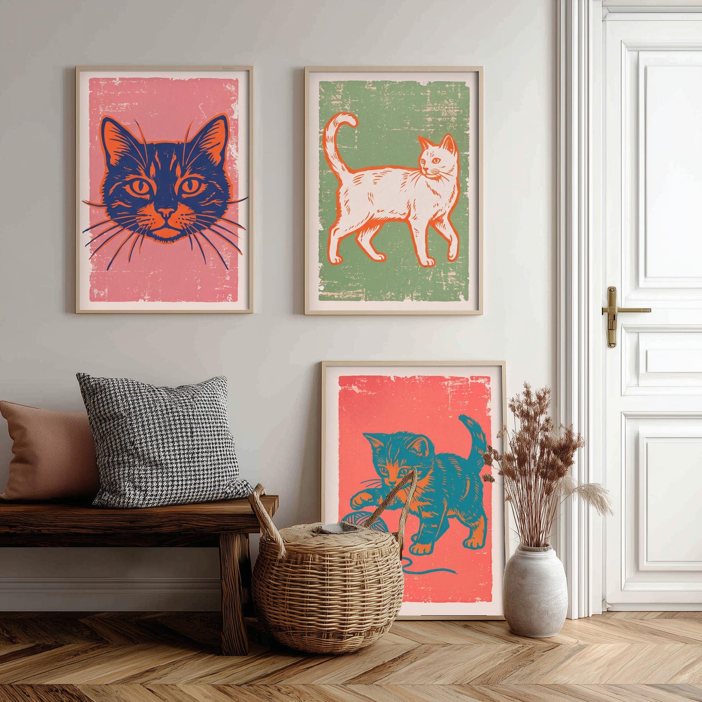 Cat Face, Walking Cat and Kitten with Yarn - Set of Three Cat Art Prints - Linocut Illustrations - Cat Posters V2