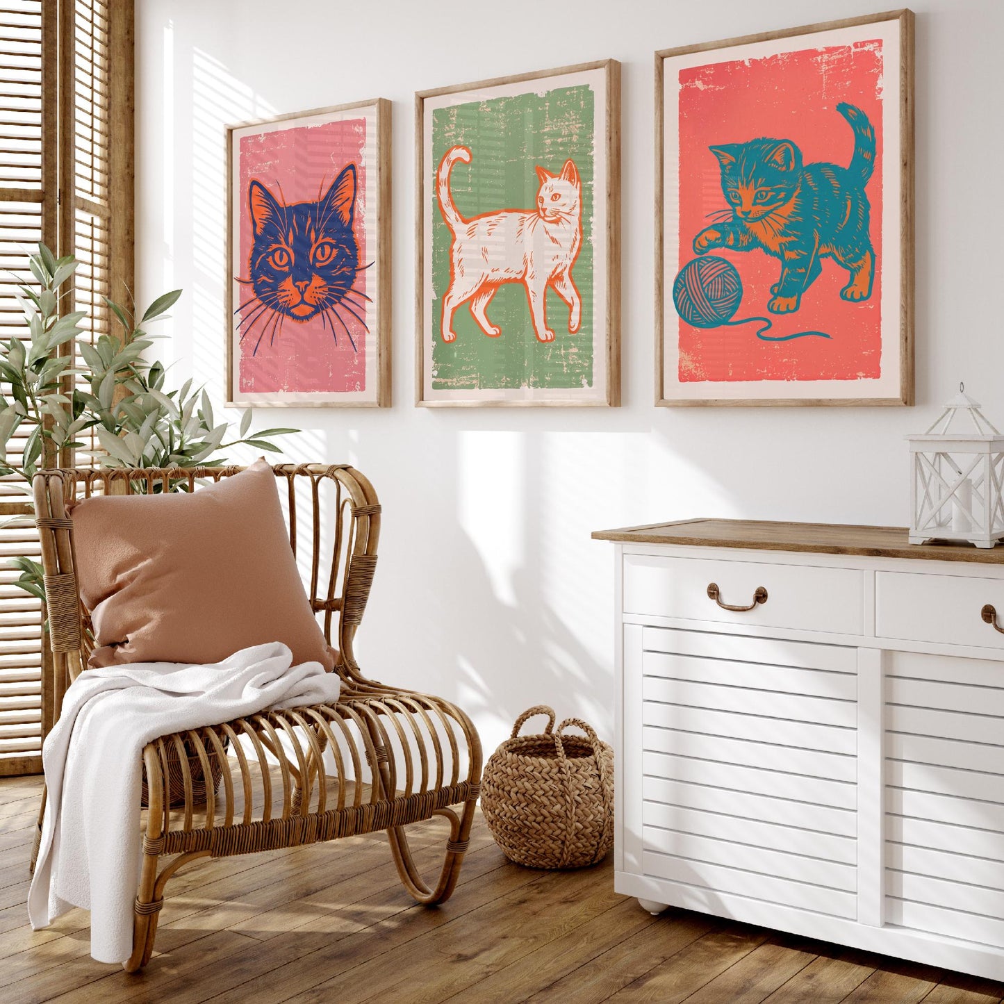 Cat Face, Walking Cat and Kitten with Yarn - Set of Three Cat Art Prints - Linocut Illustrations - Cat Posters V2