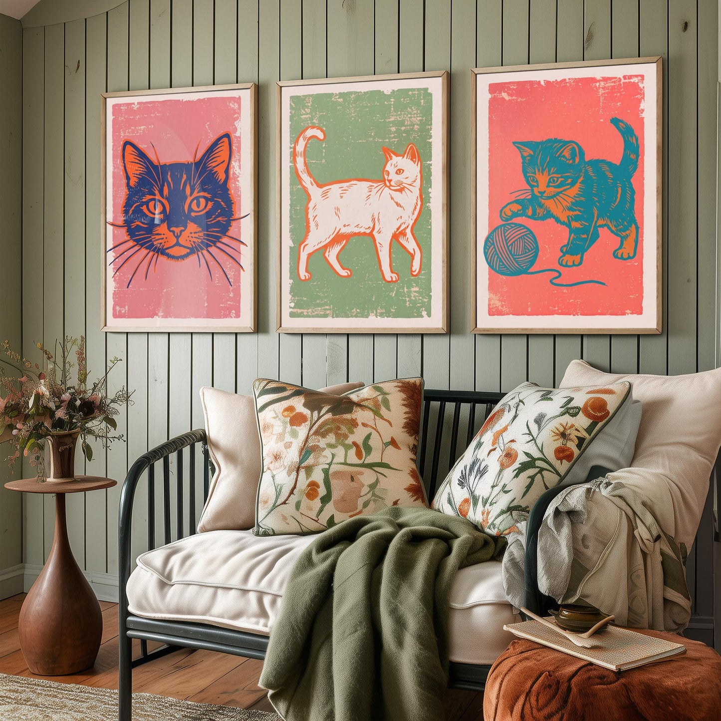 Cat Face, Walking Cat and Kitten with Yarn - Set of Three Cat Art Prints - Linocut Illustrations - Cat Posters V2
