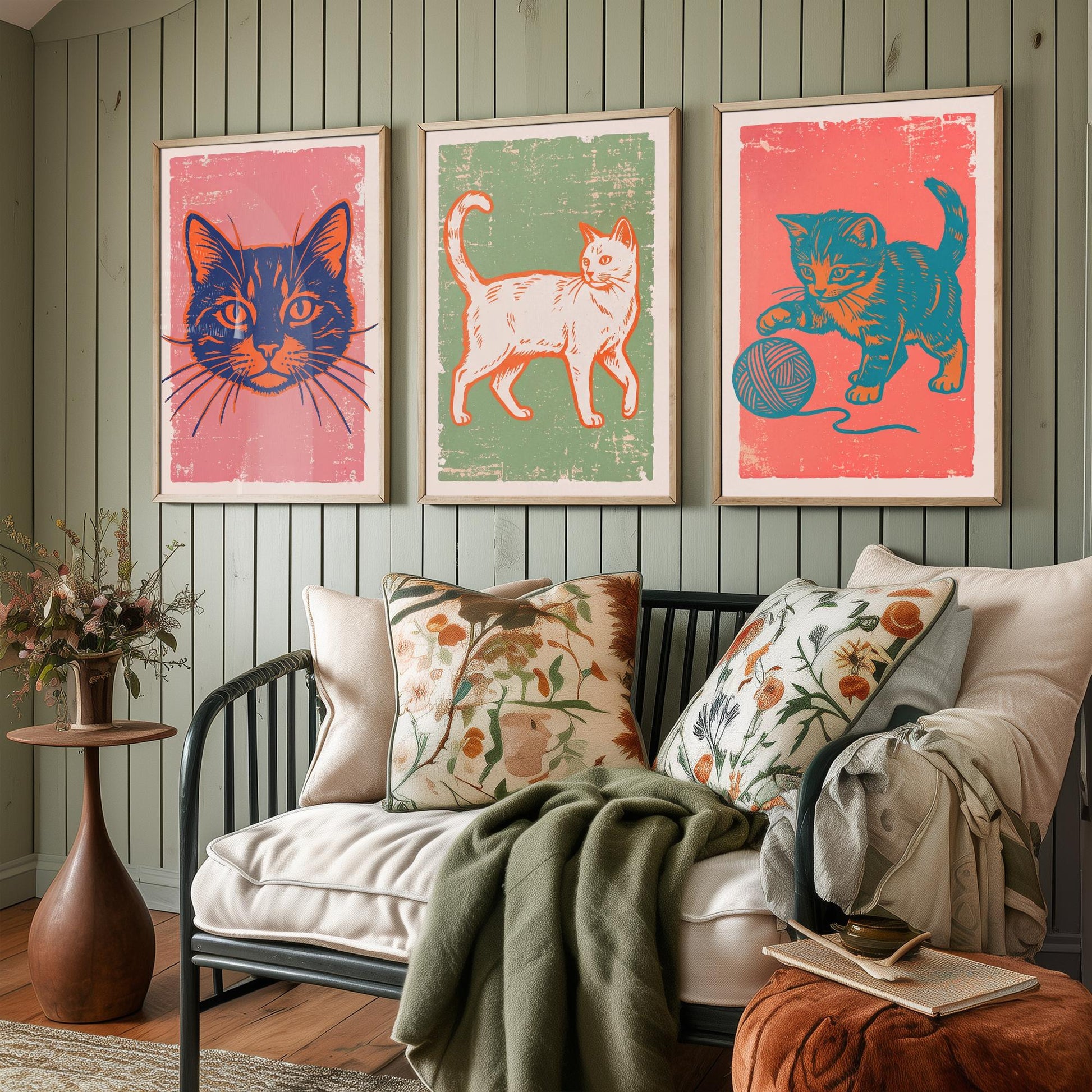 Cat Face, Walking Cat and Kitten with Yarn - Set of Three Cat Art Prints - Linocut Illustrations - Cat Posters V2