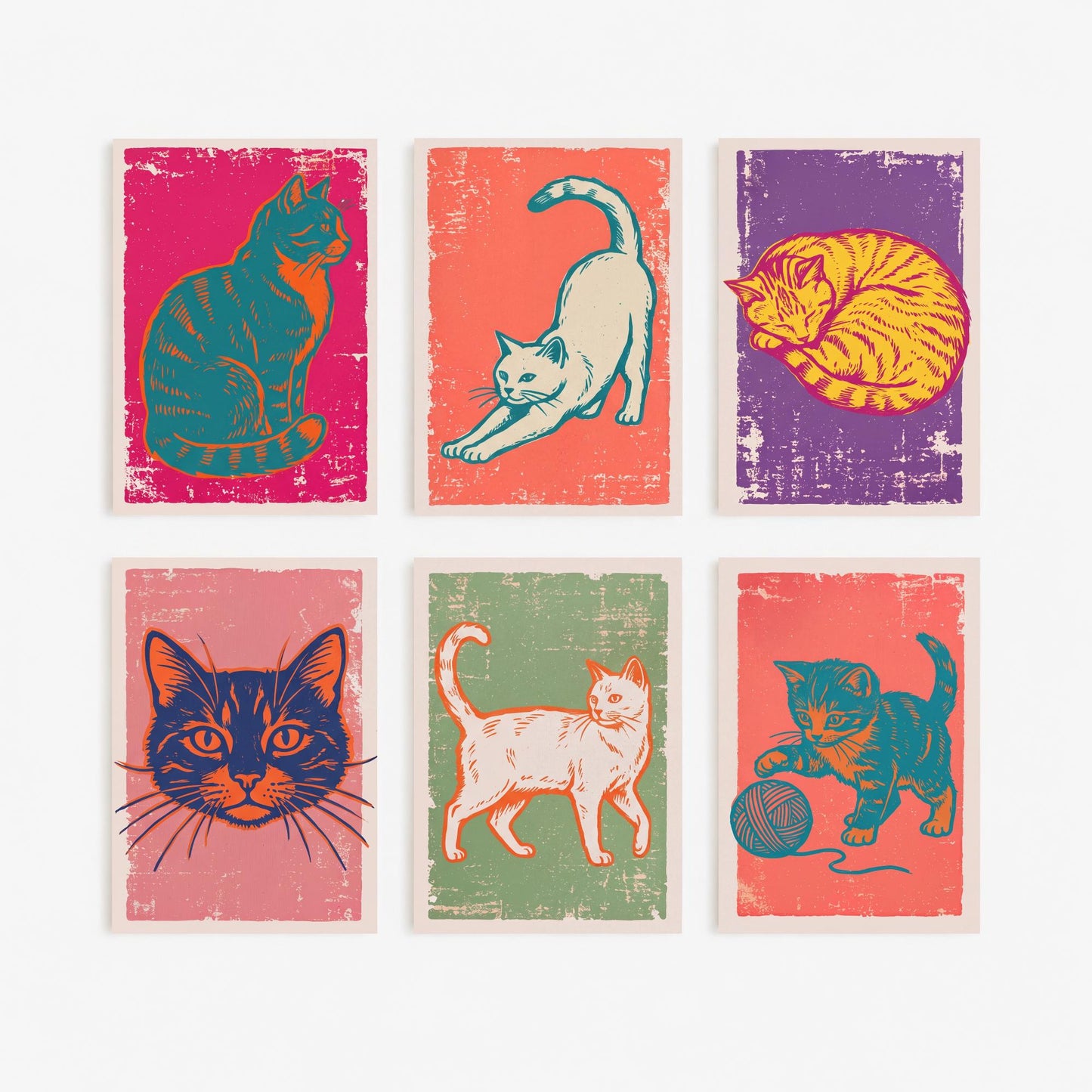 Set of Six Cat Art Prints - 6 Linocut Illustrations - Sitting Cat, Stretching Cat, Sleeping Cat, Walking Cat, Kitten and Yarn - Cat Posters