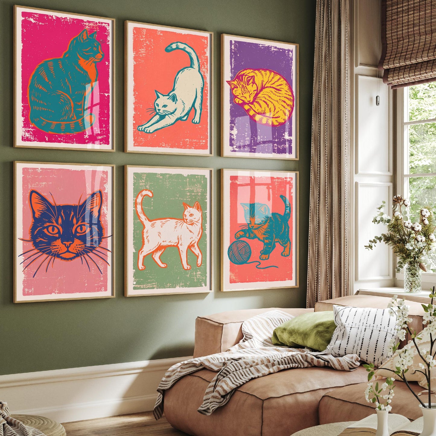 Set of Six Cat Art Prints - 6 Linocut Illustrations - Sitting Cat, Stretching Cat, Sleeping Cat, Walking Cat, Kitten and Yarn - Cat Posters