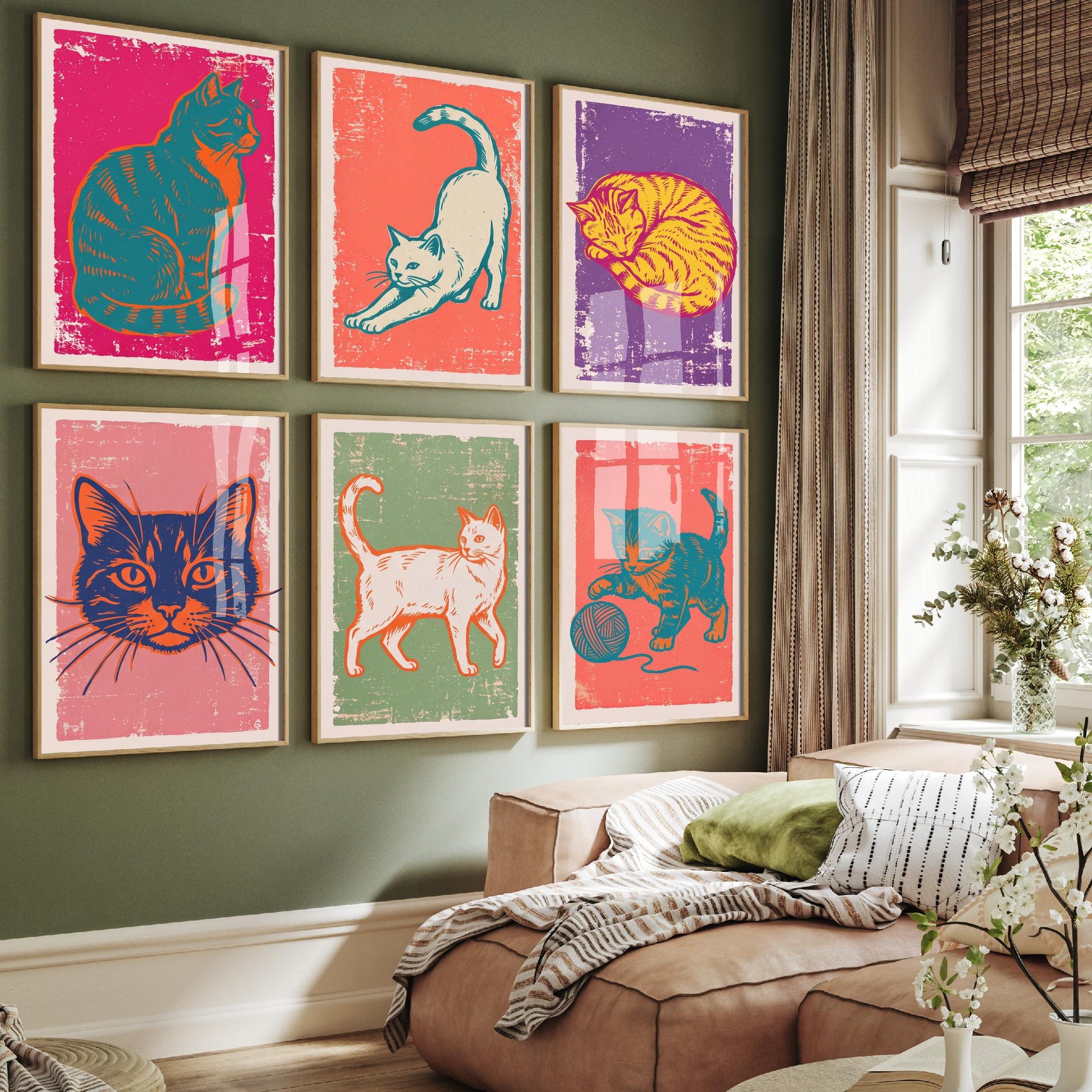 Set of Six Cat Art Prints - 6 Linocut Illustrations - Sitting Cat, Stretching Cat, Sleeping Cat, Walking Cat, Kitten and Yarn - Cat Posters