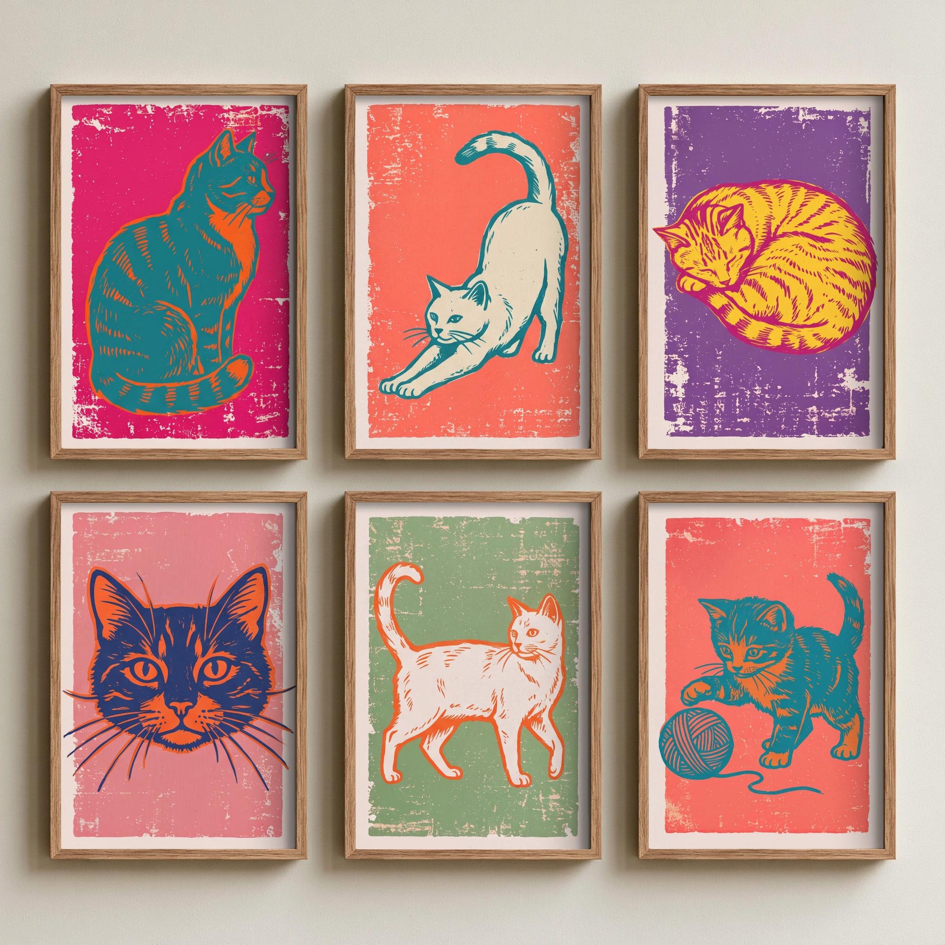 Set of Six Cat Art Prints - 6 Linocut Illustrations - Sitting Cat, Stretching Cat, Sleeping Cat, Walking Cat, Kitten and Yarn - Cat Posters