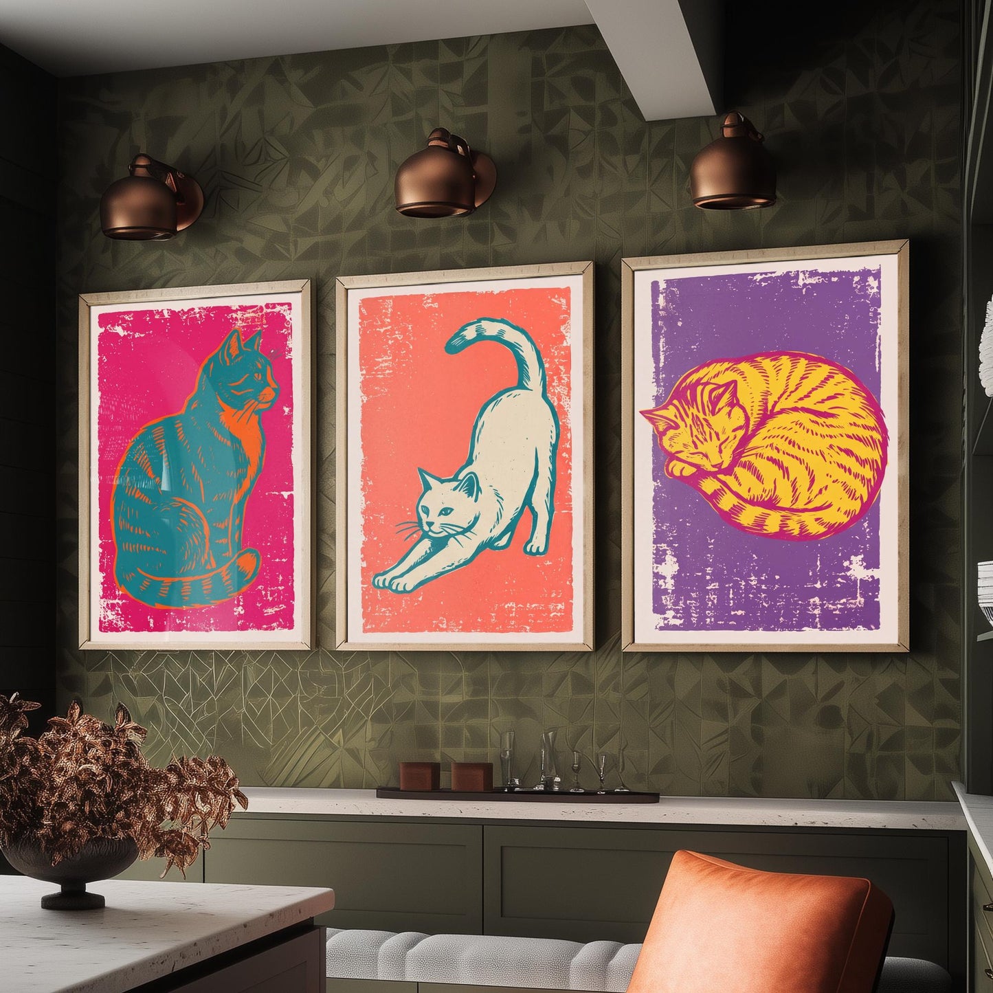 Sitting Cat, Stretching Cat and Sleeping Cat - Set of Three Cat Art Prints - Linocut Illustrations - Cat Posters V1