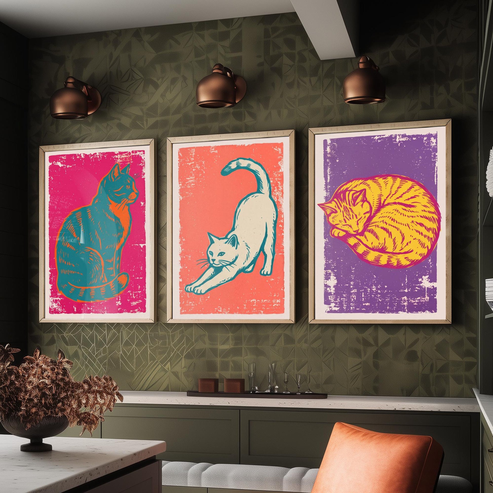 Sitting Cat, Stretching Cat and Sleeping Cat - Set of Three Cat Art Prints - Linocut Illustrations - Cat Posters V1