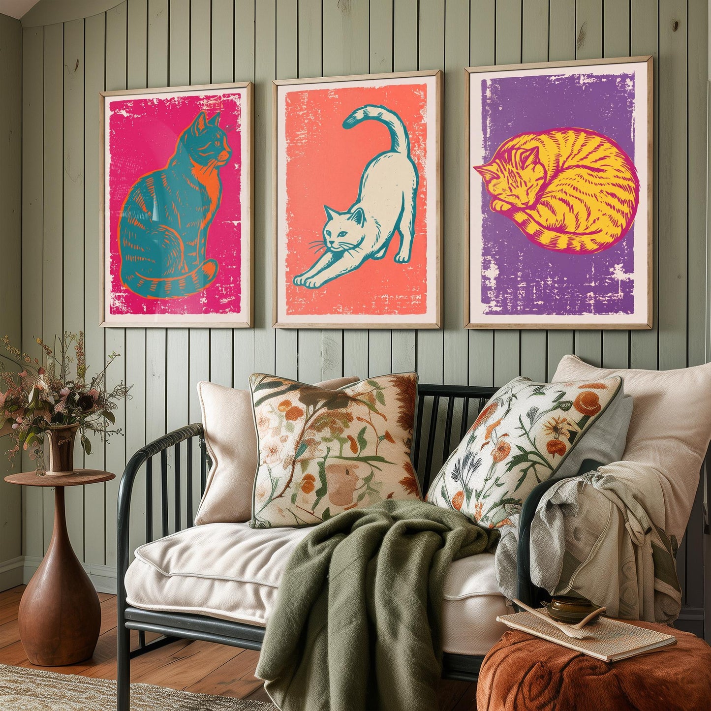 Sitting Cat, Stretching Cat and Sleeping Cat - Set of Three Cat Art Prints - Linocut Illustrations - Cat Posters V1