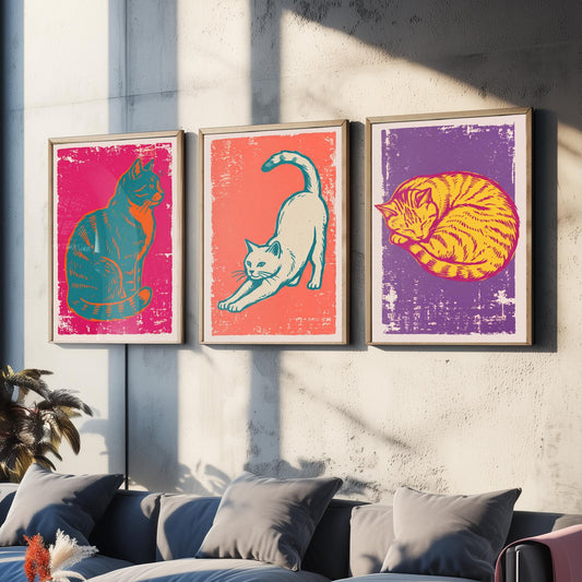 Sitting Cat, Stretching Cat and Sleeping Cat - Set of Three Cat Art Prints - Linocut Illustrations - Cat Posters V1