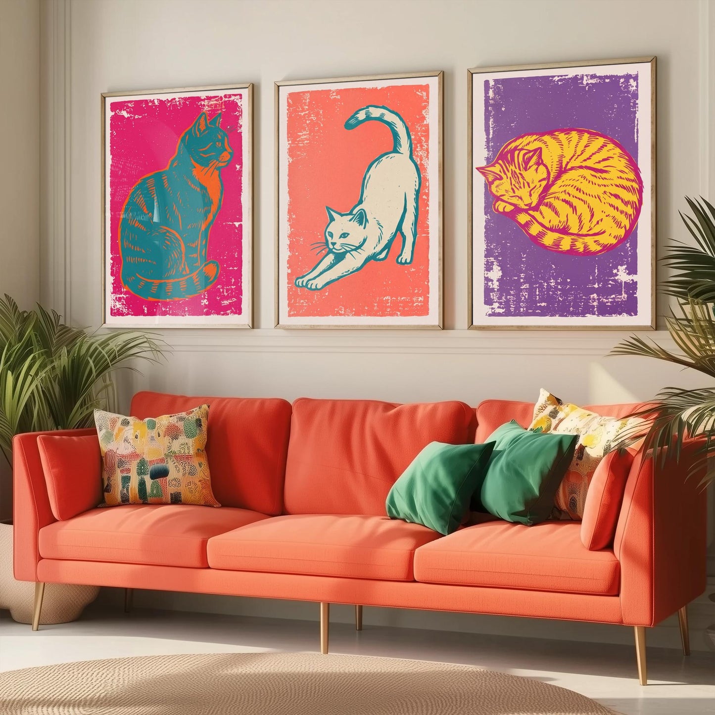Sitting Cat, Stretching Cat and Sleeping Cat - Set of Three Cat Art Prints - Linocut Illustrations - Cat Posters V1