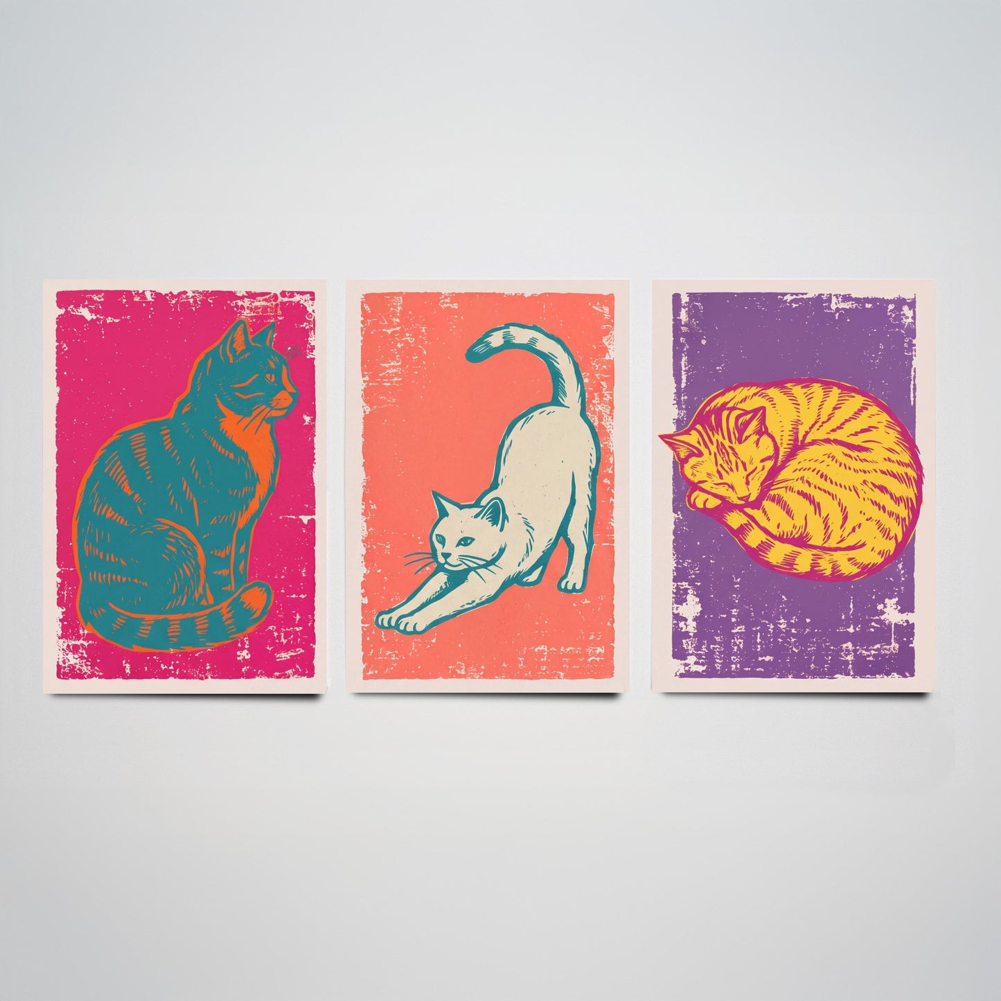 Sitting Cat, Stretching Cat and Sleeping Cat - Set of Three Cat Art Prints - Linocut Illustrations - Cat Posters V1
