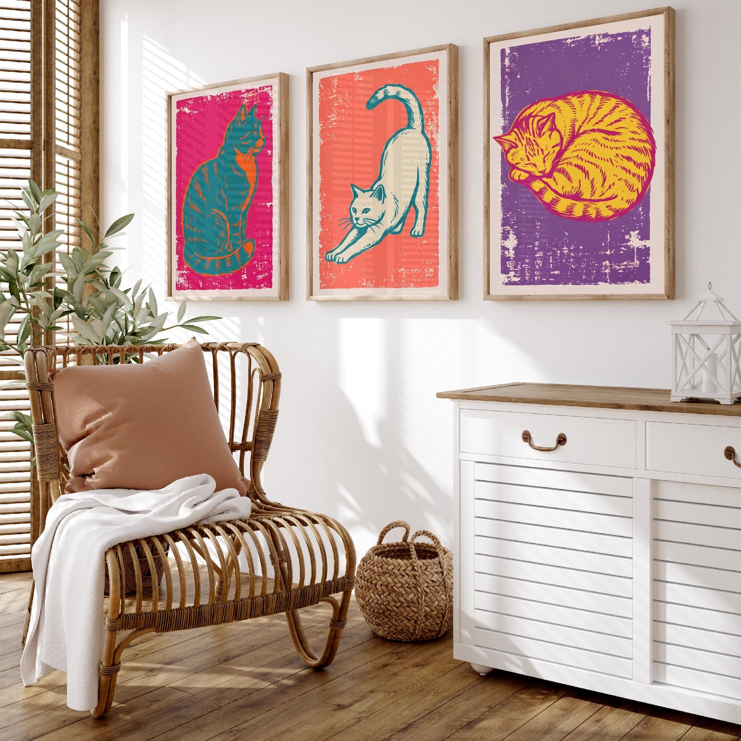 Sitting Cat, Stretching Cat and Sleeping Cat - Set of Three Cat Art Prints - Linocut Illustrations - Cat Posters V1