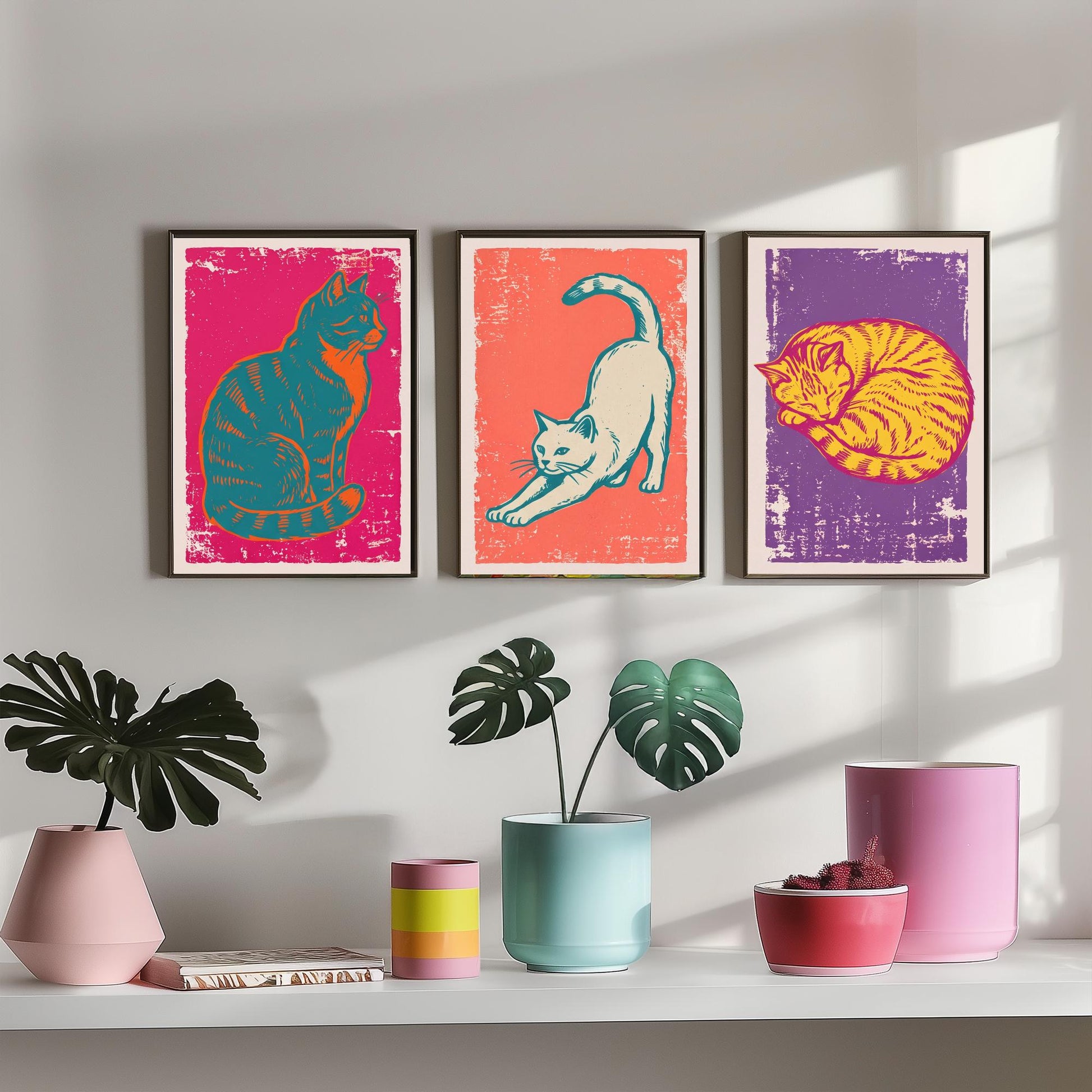 Sitting Cat, Stretching Cat and Sleeping Cat - Set of Three Cat Art Prints - Linocut Illustrations - Cat Posters V1