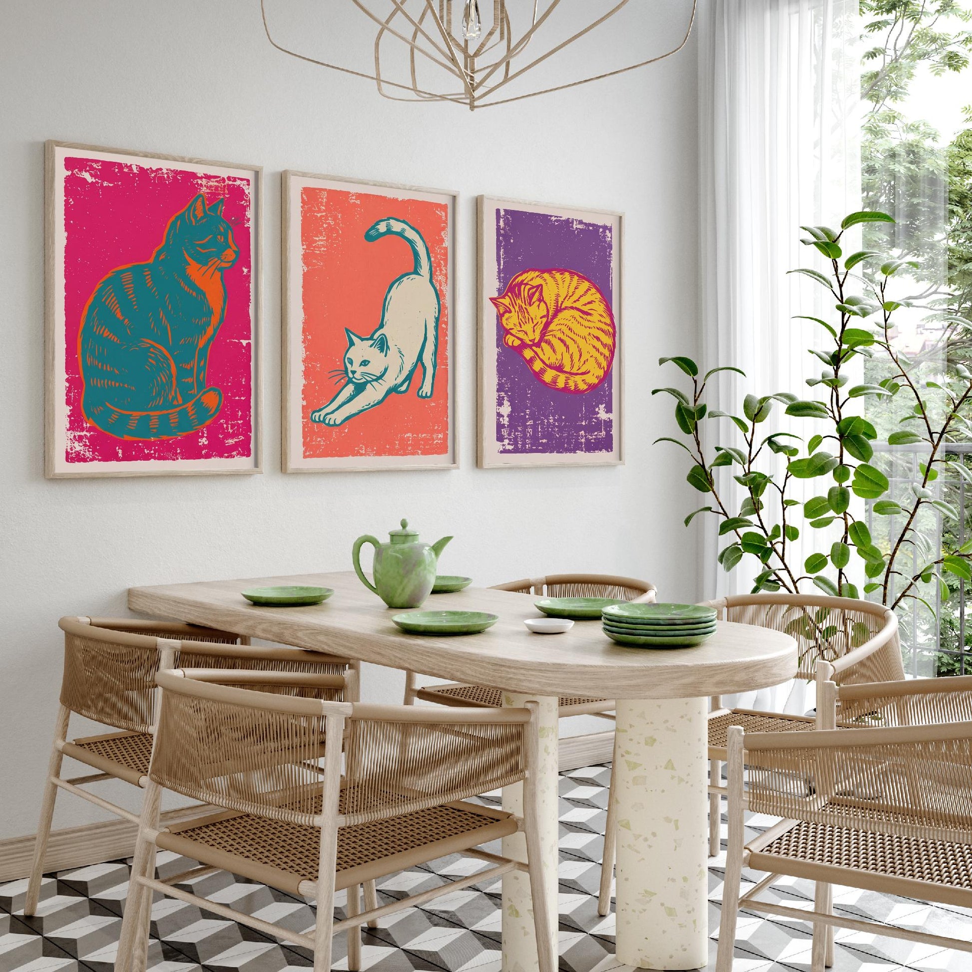 Sitting Cat, Stretching Cat and Sleeping Cat - Set of Three Cat Art Prints - Linocut Illustrations - Cat Posters V1