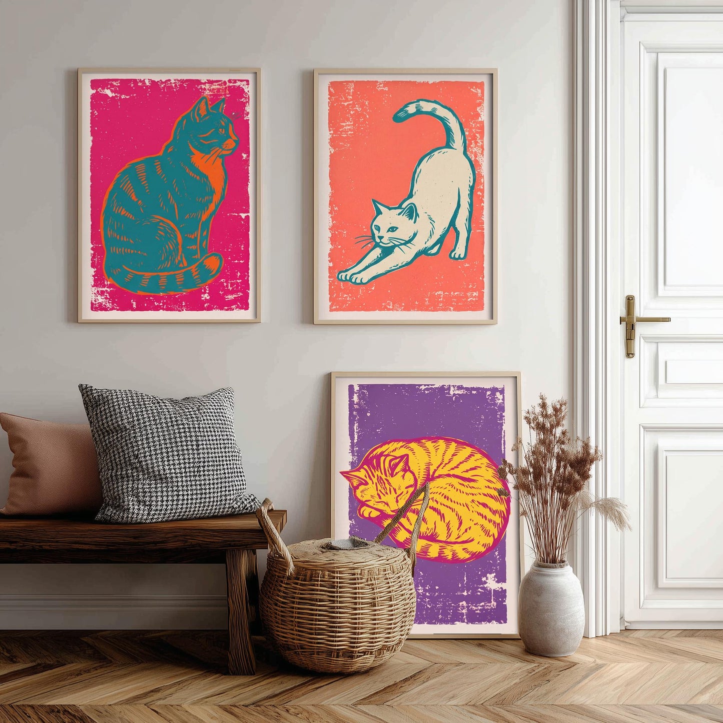 Sitting Cat, Stretching Cat and Sleeping Cat - Set of Three Cat Art Prints - Linocut Illustrations - Cat Posters V1